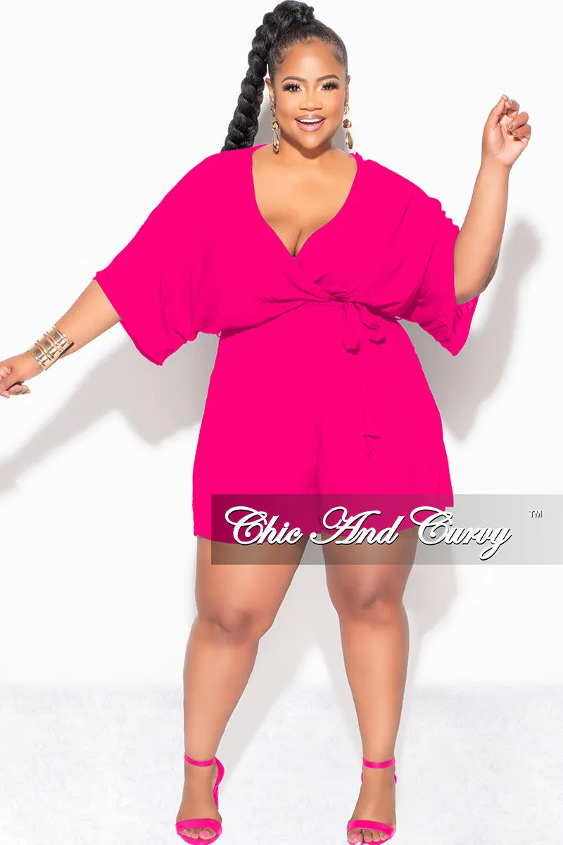 Chilly Weather Wear Cotton comfort Final Sale Plus Size Faux Wrap Romper with Tie in Fuchsia