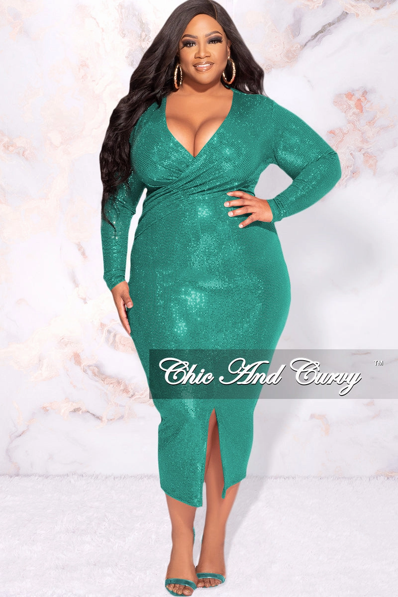 Breathable fabric layerable Available Online Only - Final Sale Plus Size Faux Sequin Faux Wrap Bodycon  Dress with Front Slit in Green