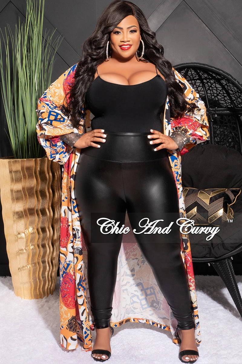 Compression Fit Modern Fit Final Sale Plus Size Sheer Chiffon Duster with Waist Tie and Rhinstone Cuff in Mustard Multicolor Design Print