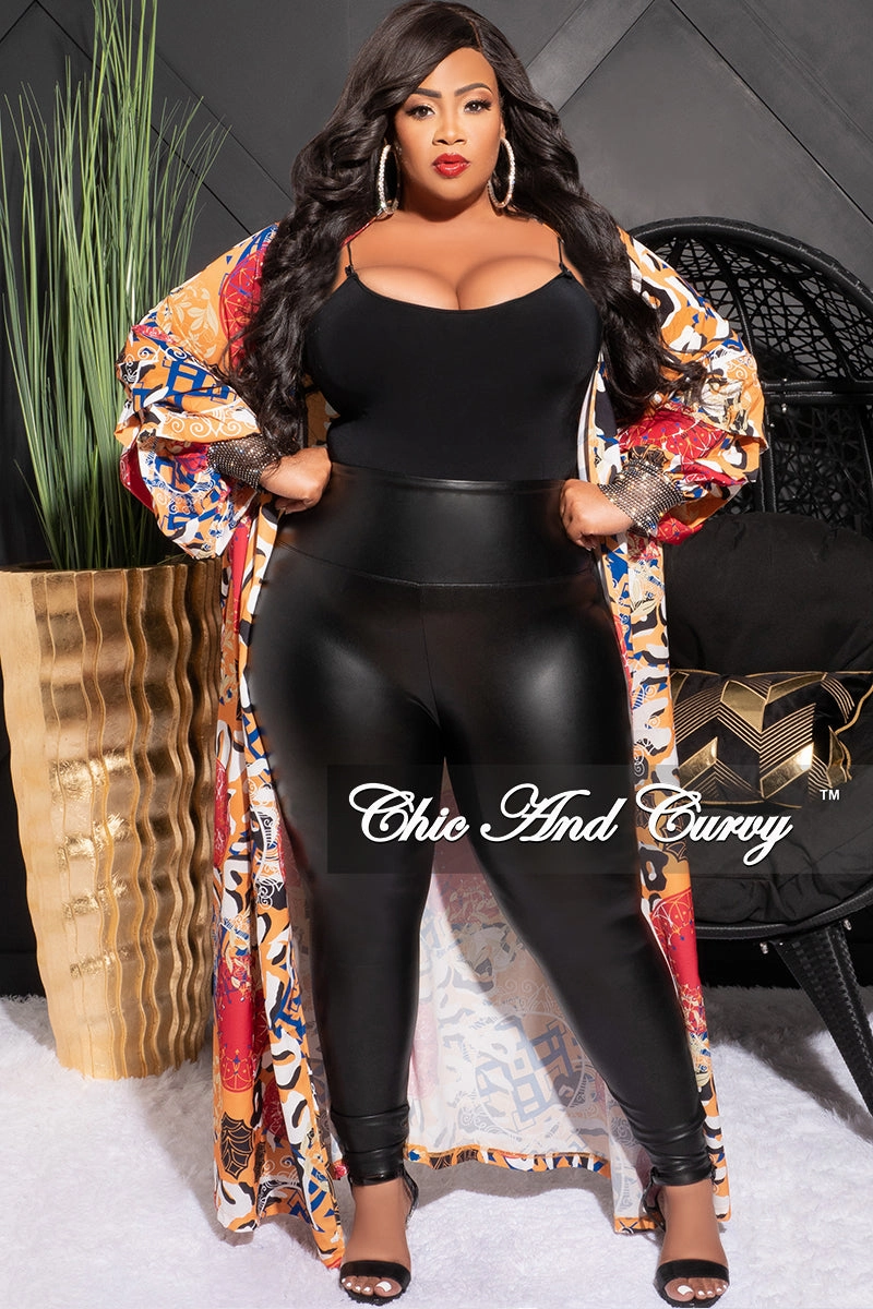 Final Sale Plus Size Sheer Chiffon Duster with Waist Tie and Rhinstone Cuff in Mustard Multicolor Design Print TaglessLabel