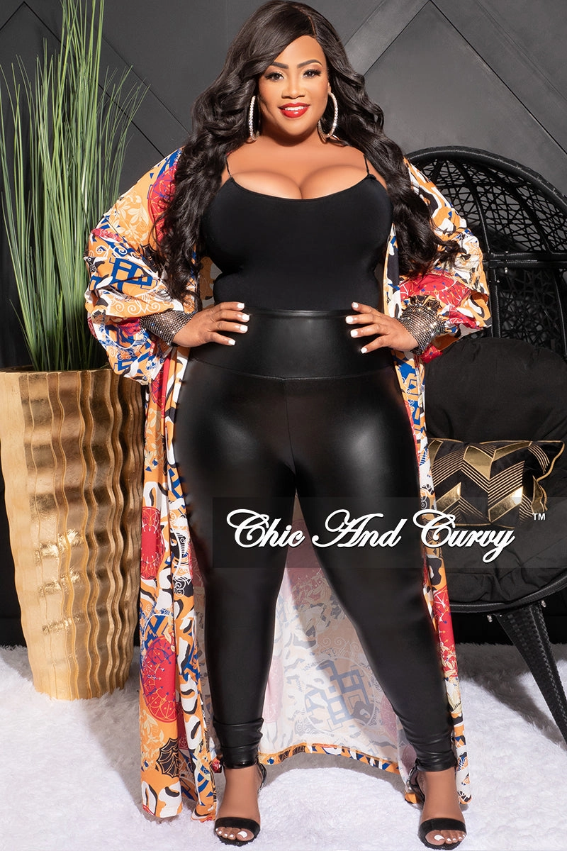 Final Sale Plus Size Sheer Chiffon Duster with Waist Tie and Rhinstone Cuff in Mustard Multicolor Design Print No Ride Up Design