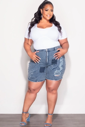 Final Sale Plus Size Patchwork Shorts in Denim Tight Cut Sleek lines