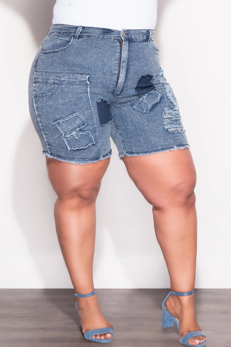 Stretch Comfort Side slits Final Sale Plus Size Patchwork Shorts in Denim