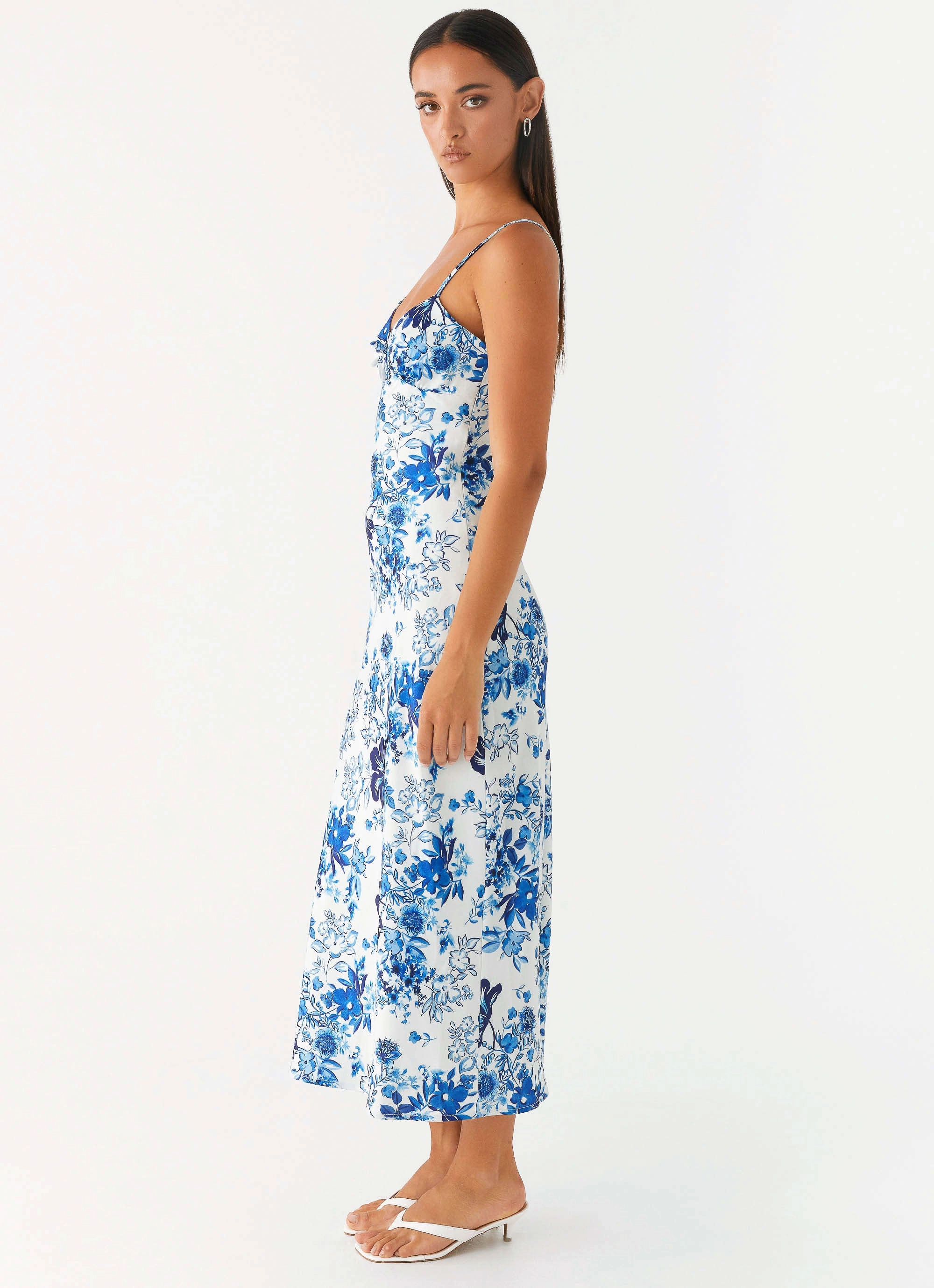 Take Chances Midi Dress - Serene Sky Floral Linen Vibe Sophisticated Touch