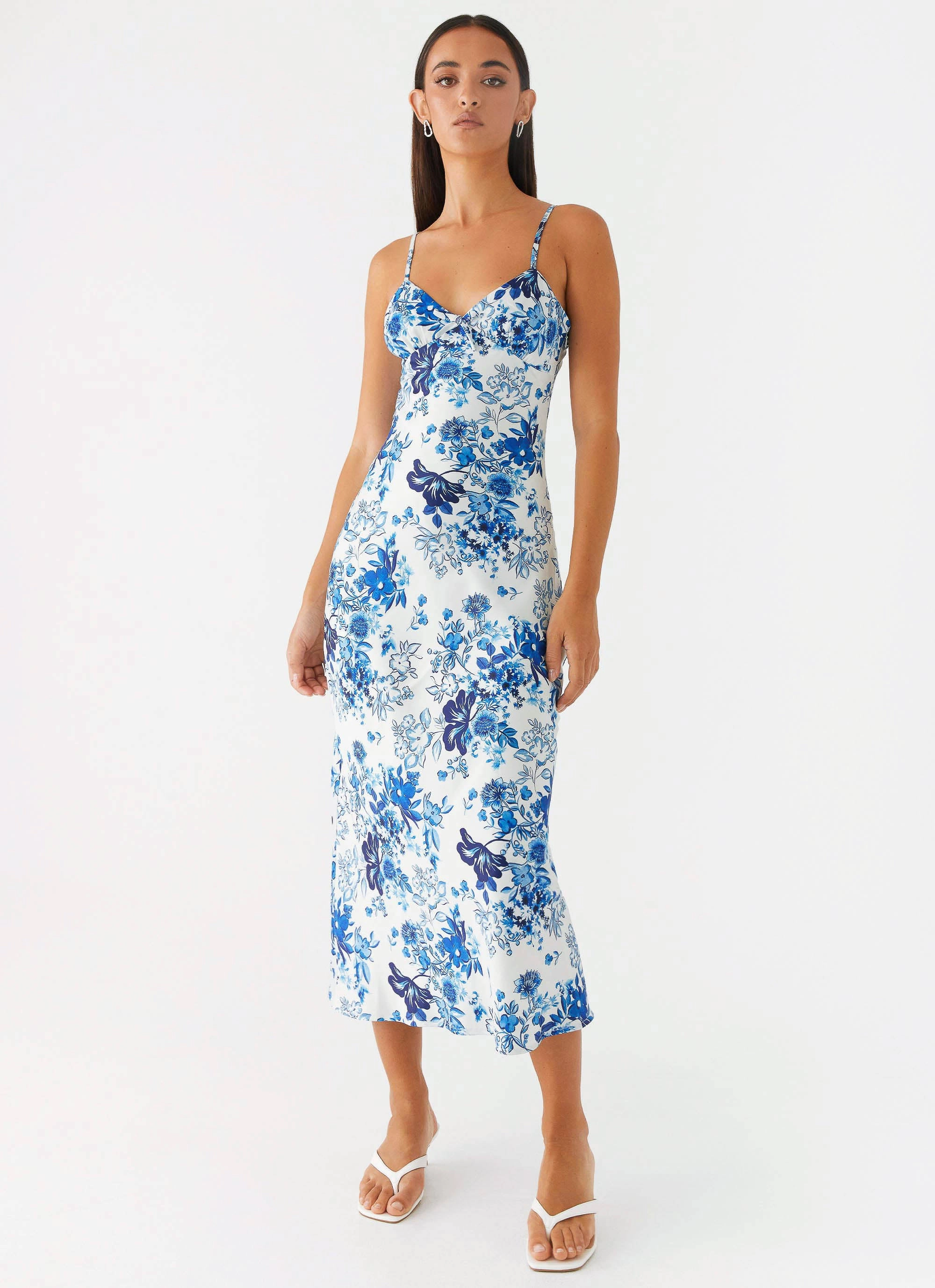 Take Chances Midi Dress - Serene Sky Floral Chic Layers
