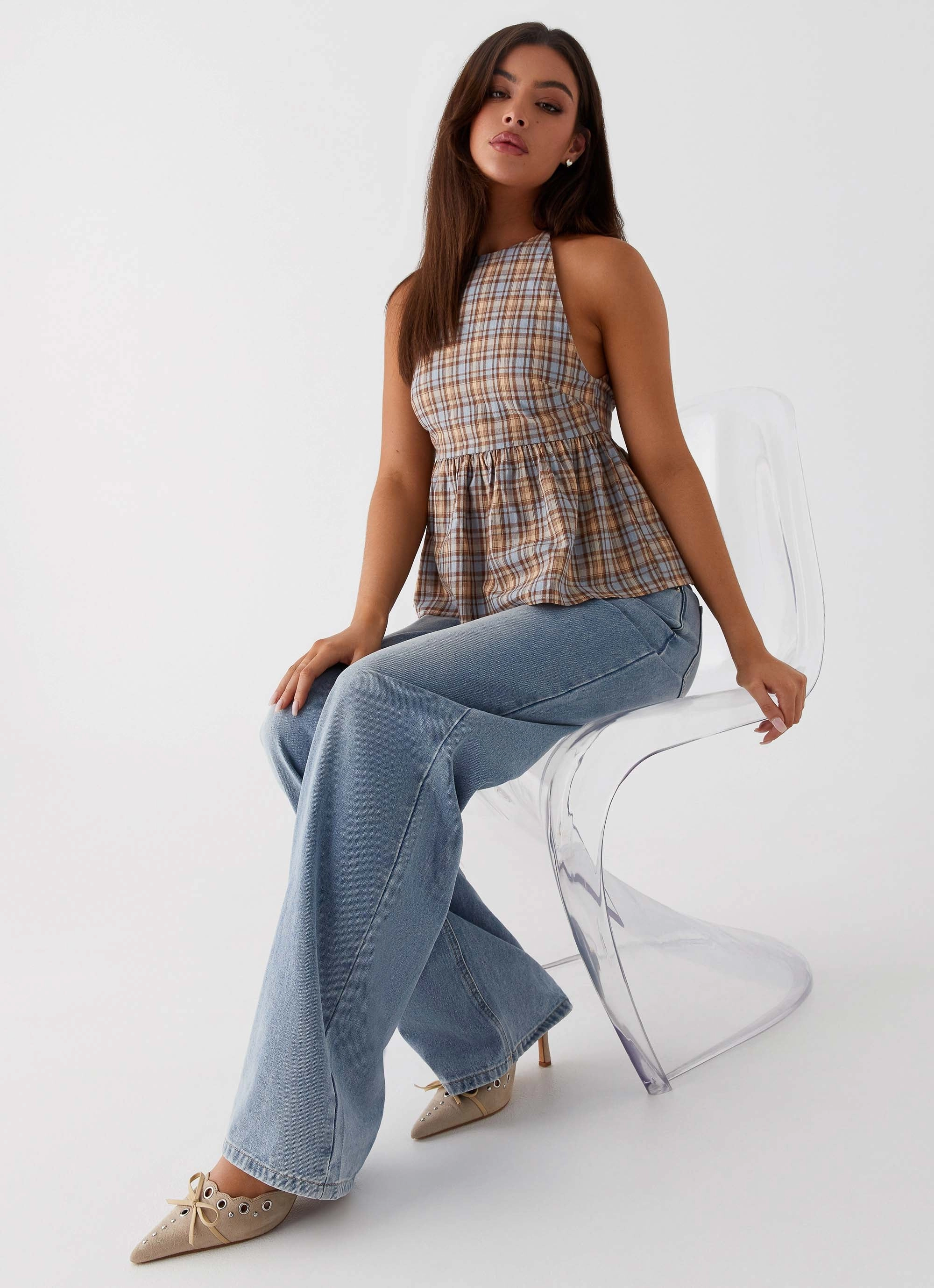 TaglessDesign Cool Fabric Tanith Ruffle Top - Brown Check