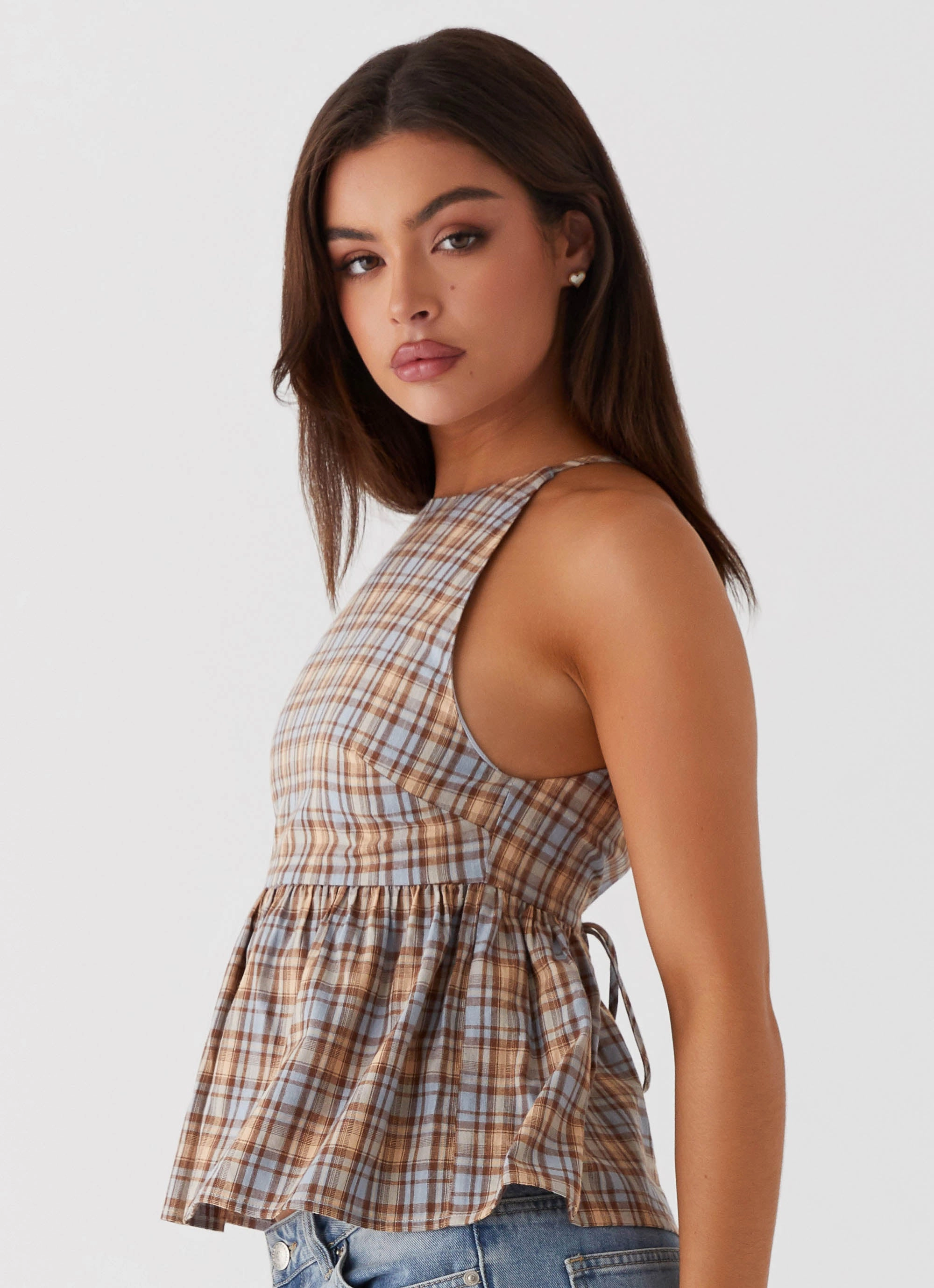 Tanith Ruffle Top - Brown Check SlimFit Rolled Hem Finish