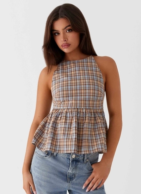 FrictionResistant Trim Summer Sweater Tanith Ruffle Top - Brown Check