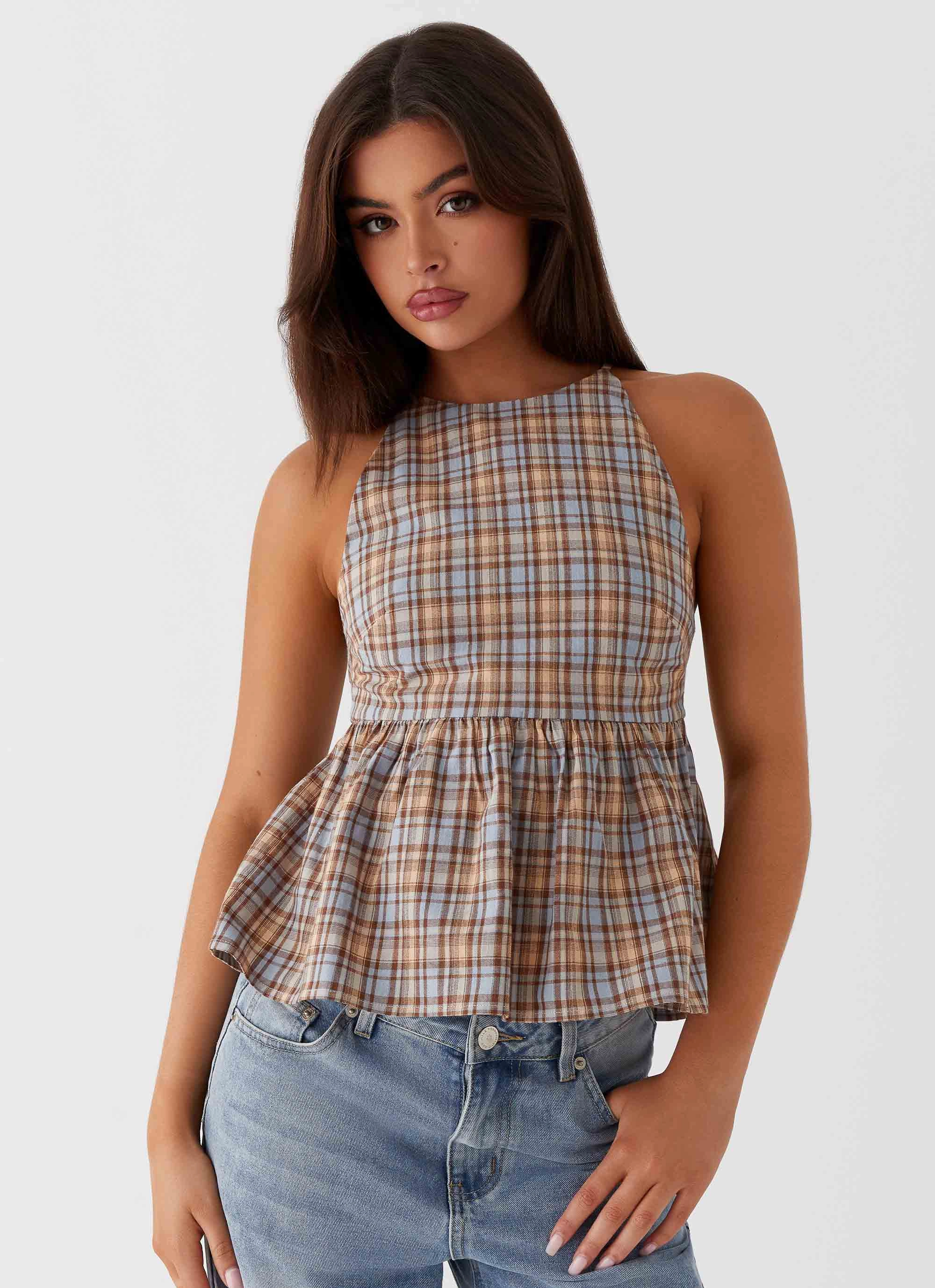 FrictionResistant Trim Summer Sweater Tanith Ruffle Top - Brown Check