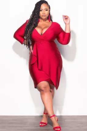 Final Sale Plus Size Faux Wrap Puffy Sleeve BodyCon Overlay Tulip Dress in Wine Practical Style