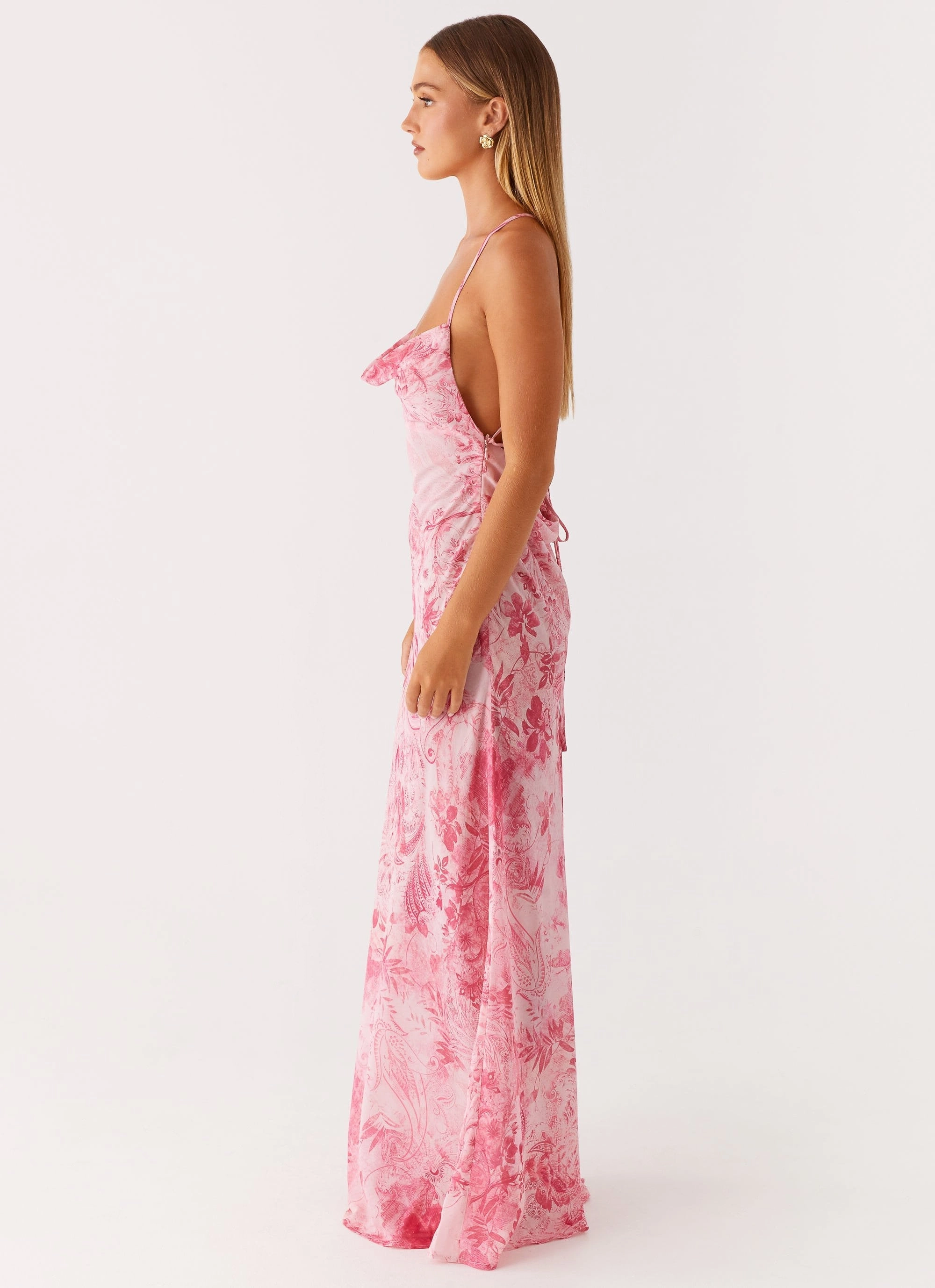 Tara Maxi Dress - Pink Print Side Ruching Chilly Day Layers