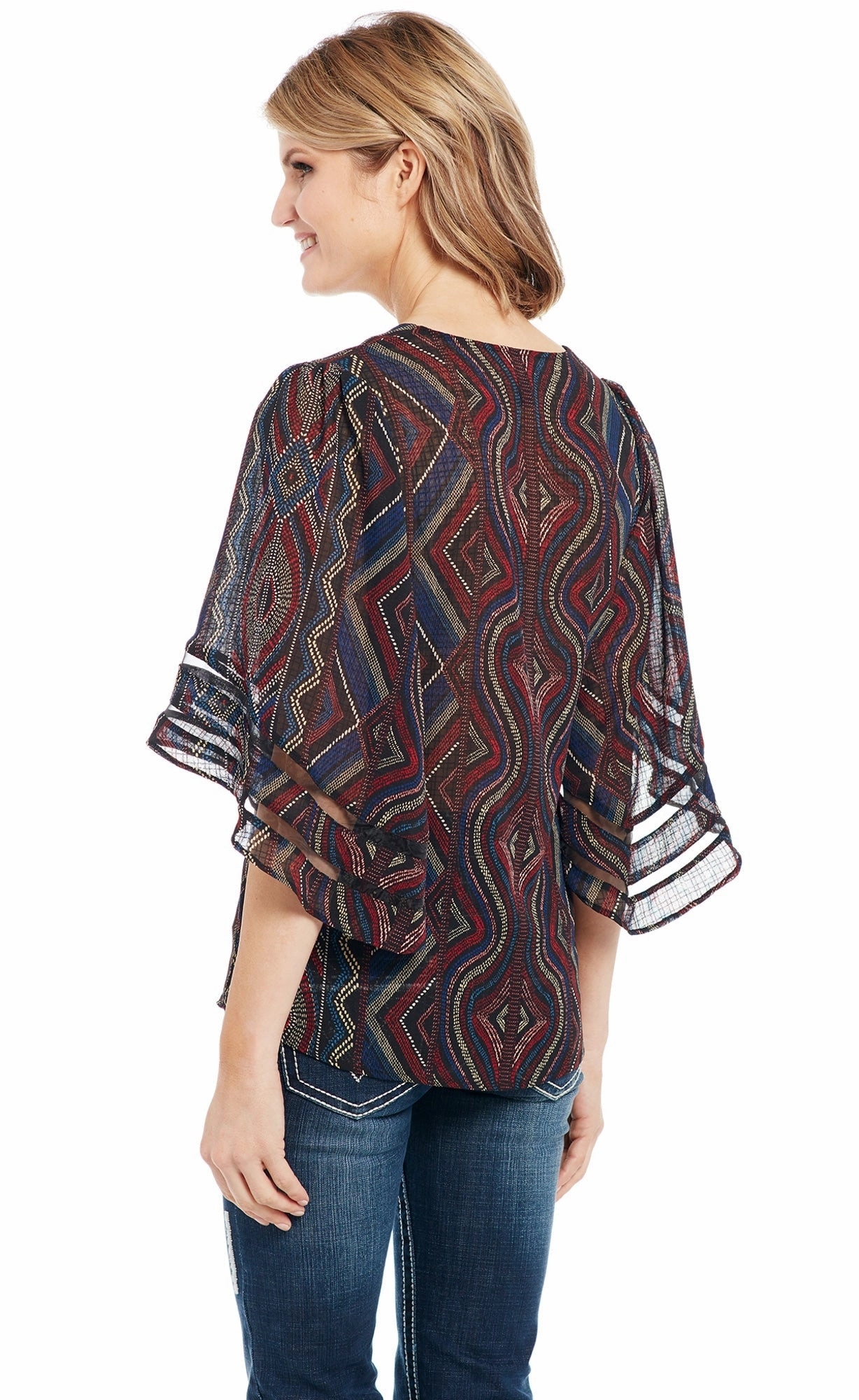 Vibrant Hue Holiday Style Cowgirl Up Womens Multi-Color Polyester Geometric V-Neck Tunic S/S