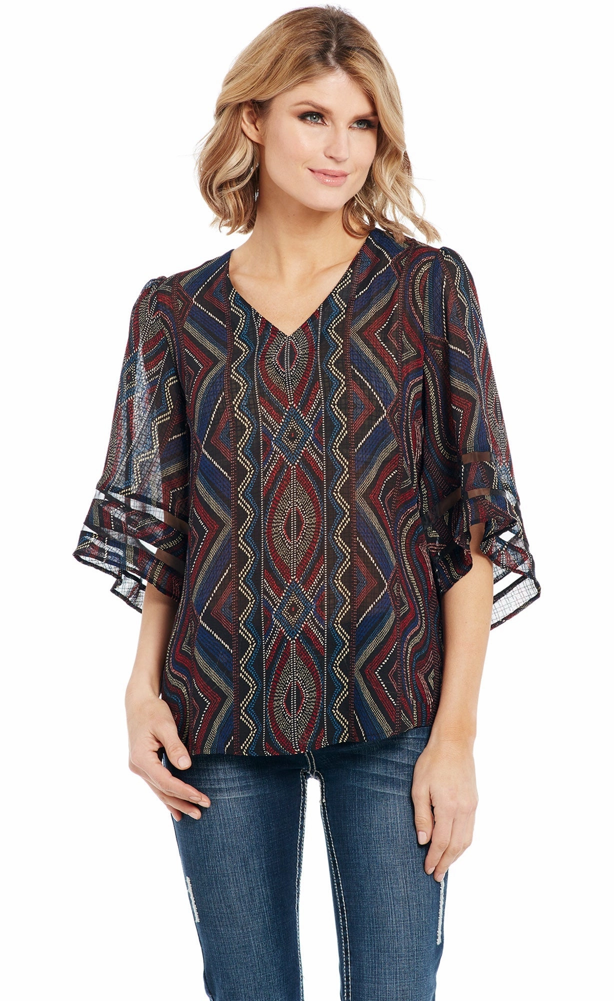 Limited Edition Cowgirl Up Womens Multi-Color Polyester Geometric V-Neck Tunic S/S