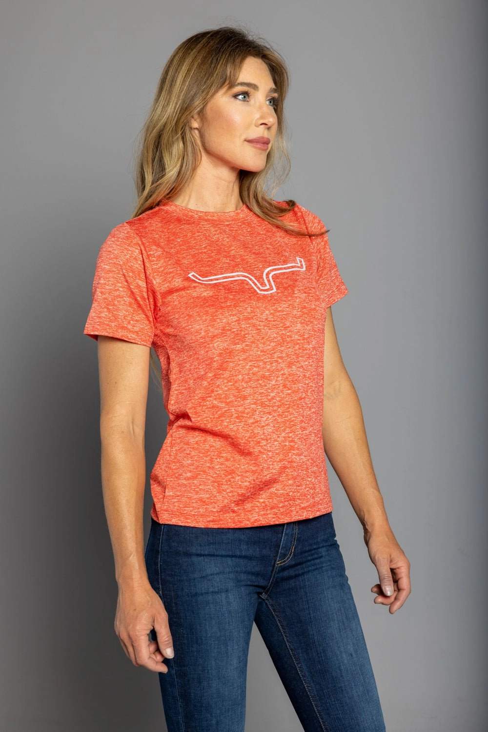 Kimes Ranch Womens Outlier Tech Tee Baked Apple Heather Cotton Blend S/S T-Shirt Anniversary Special