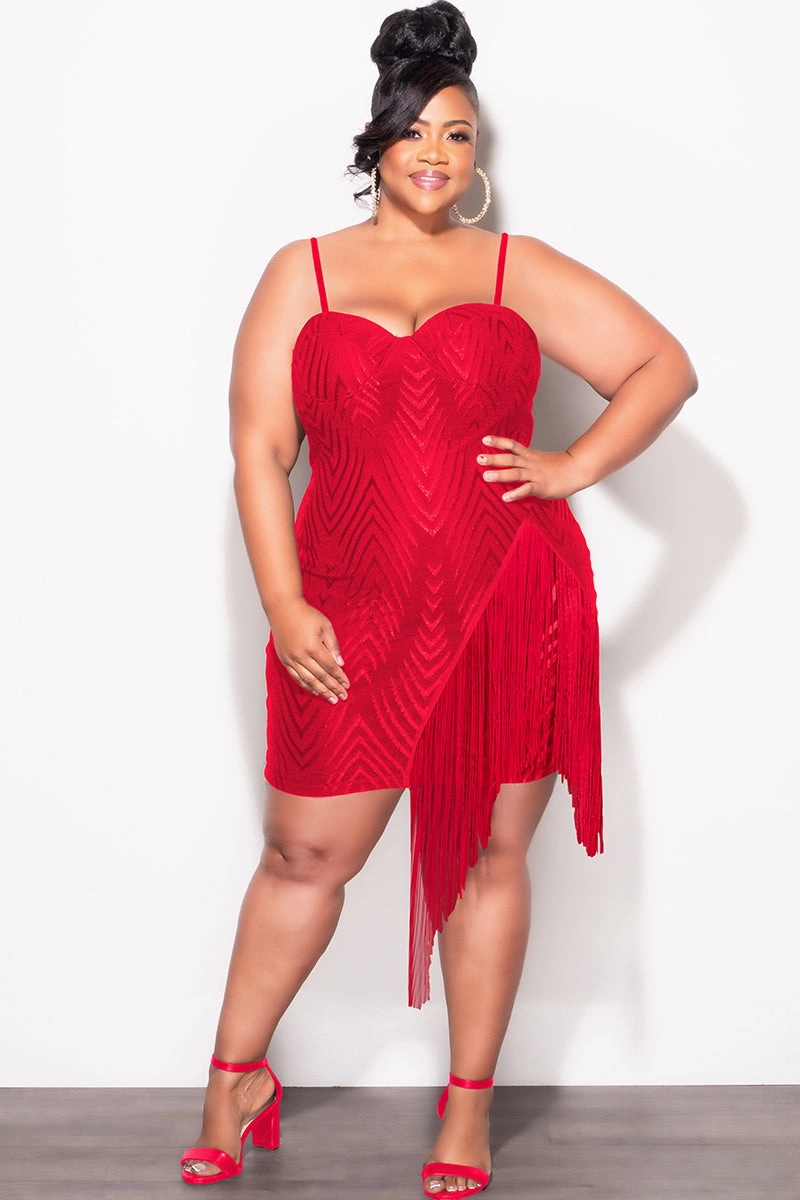 Final Sale Plus Size Spaghetti Strap BodyCon Dress with Side Fringe in Red Active Flex Flex Fit
