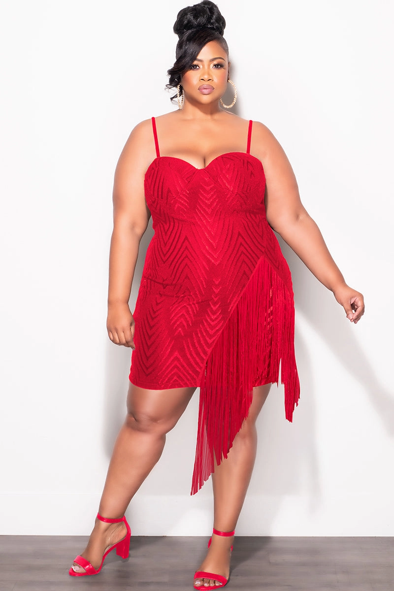 Structured fabric Final Sale Plus Size Spaghetti Strap BodyCon Dress with Side Fringe in Red