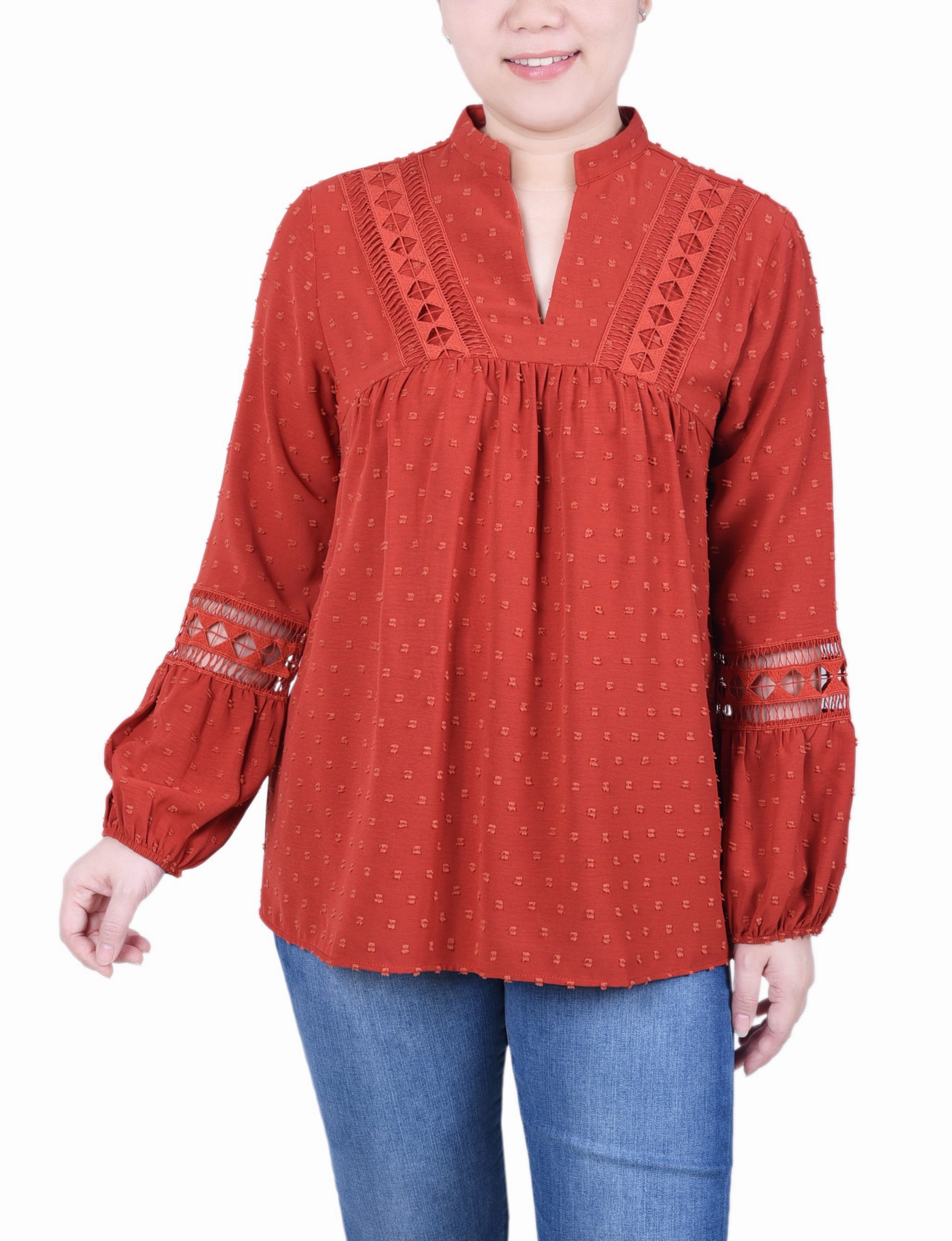 SunProtective RibbedNeckline Petite Long Sleeve Blouse With Crochet Trim