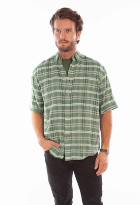 Travel Friendly Zip Front Scully Mens Worn Outs Plaid Green 100% Cotton S/S Shirt