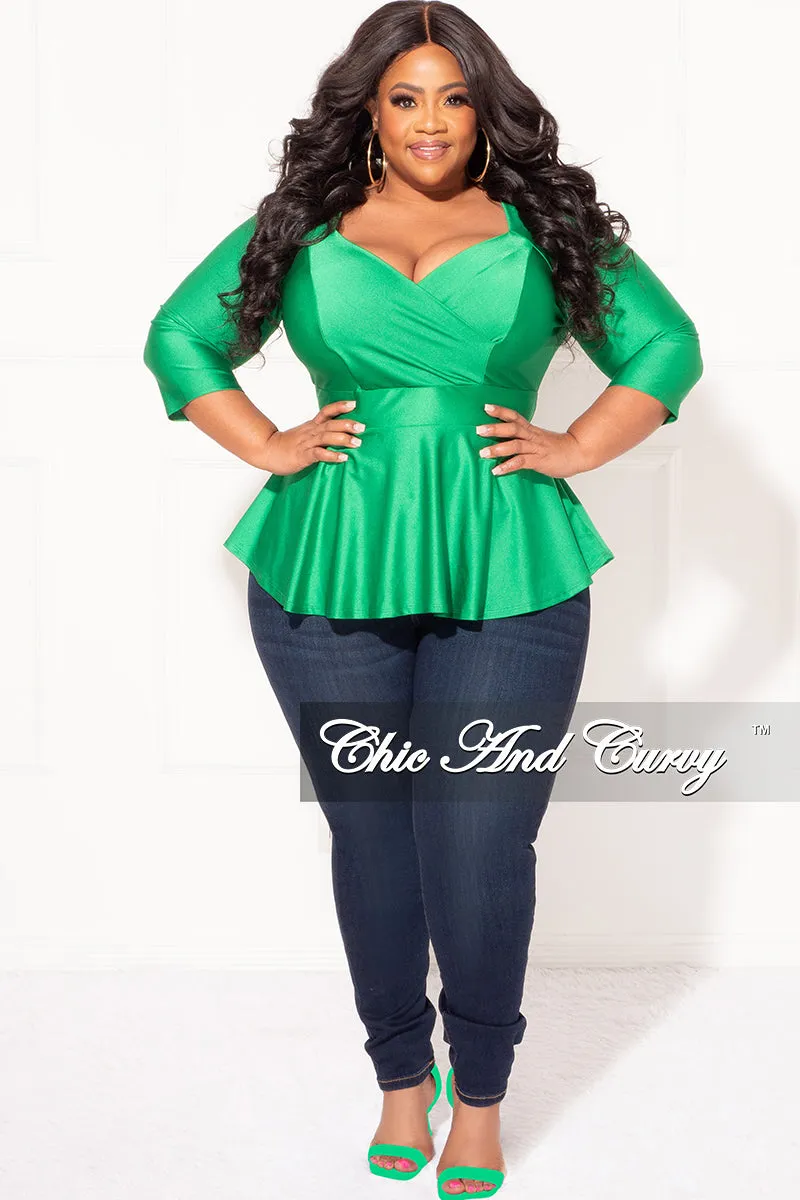 Final Sale Plus Size Faux Wrap Shiny Peplum Top in Green Cozy Essentials Perfect Design