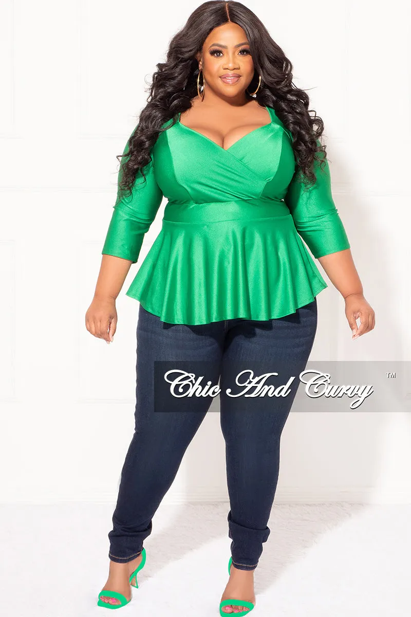 Final Sale Plus Size Faux Wrap Shiny Peplum Top in Green Slimline Fit Comfortable Layers