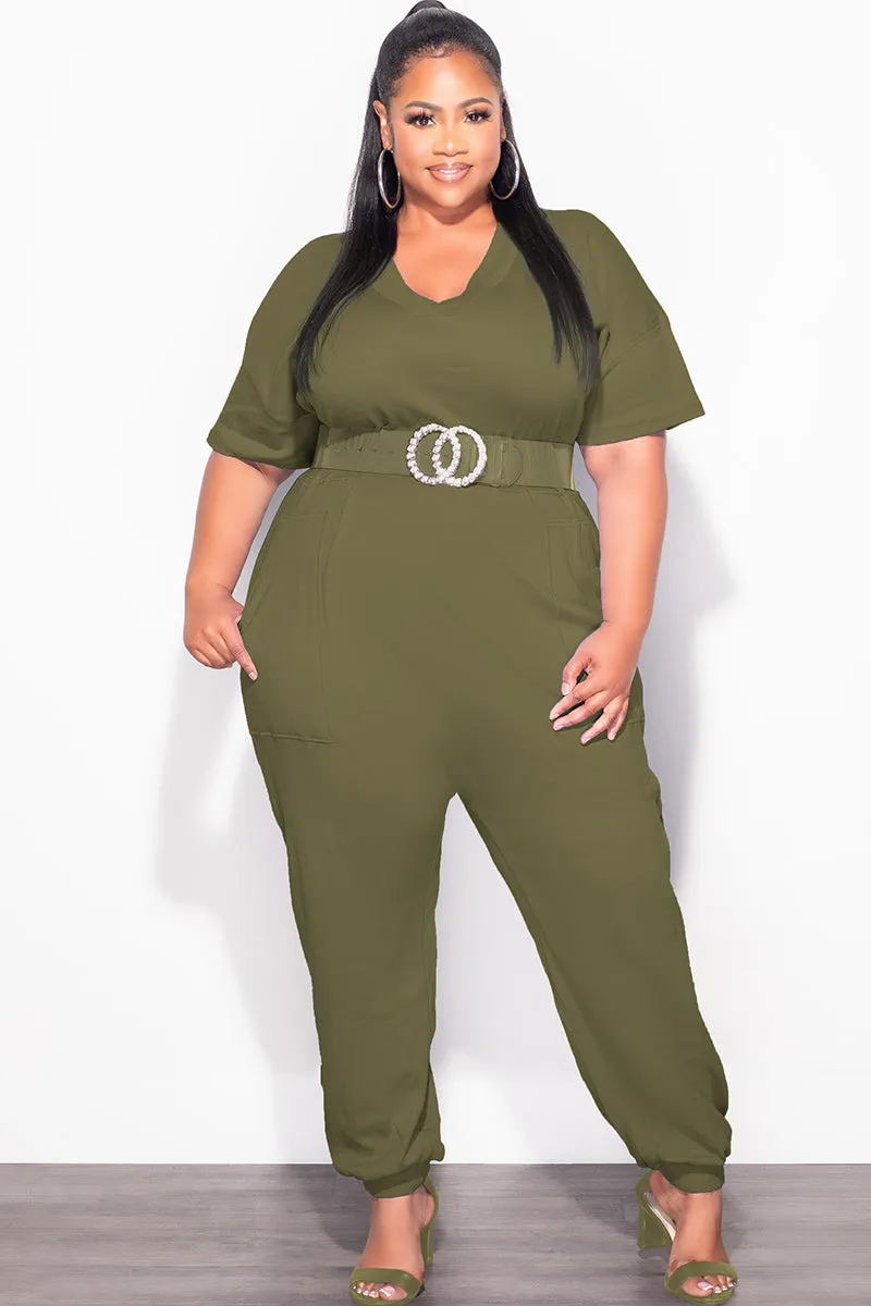 Move Freely Athletic Fit Final Sale Plus Size Harem Jumpsuit in Olive