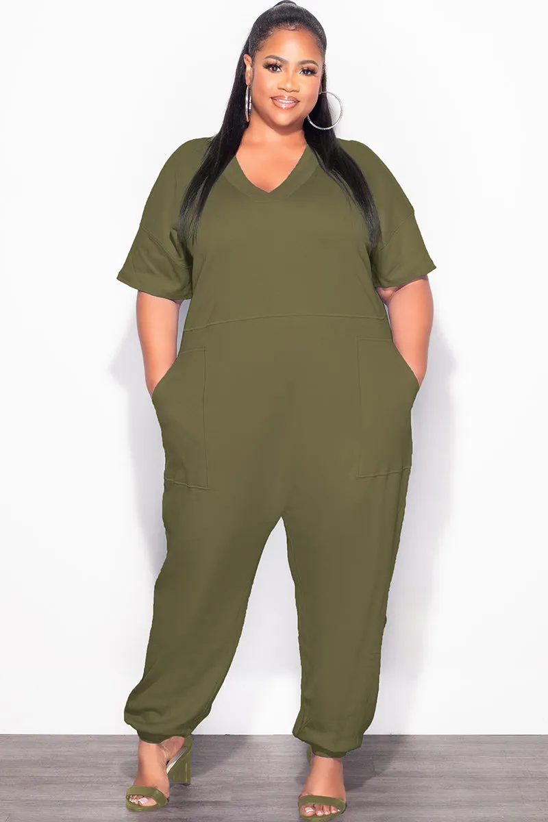 Modern Design Odor Resistant Treatment Final Sale Plus Size Harem Jumpsuit in Olive