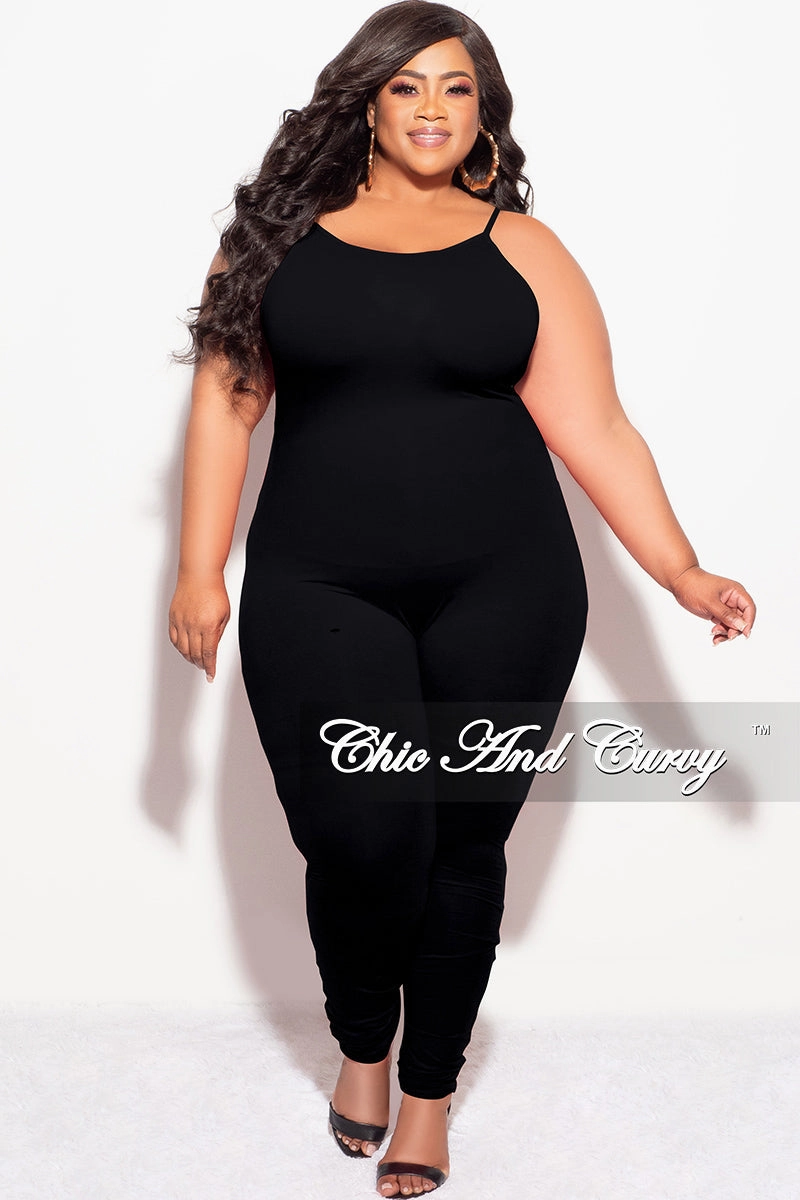 Street Style Final Sale Plus Size Spaghetti Strap Catsuit Unitard in Black