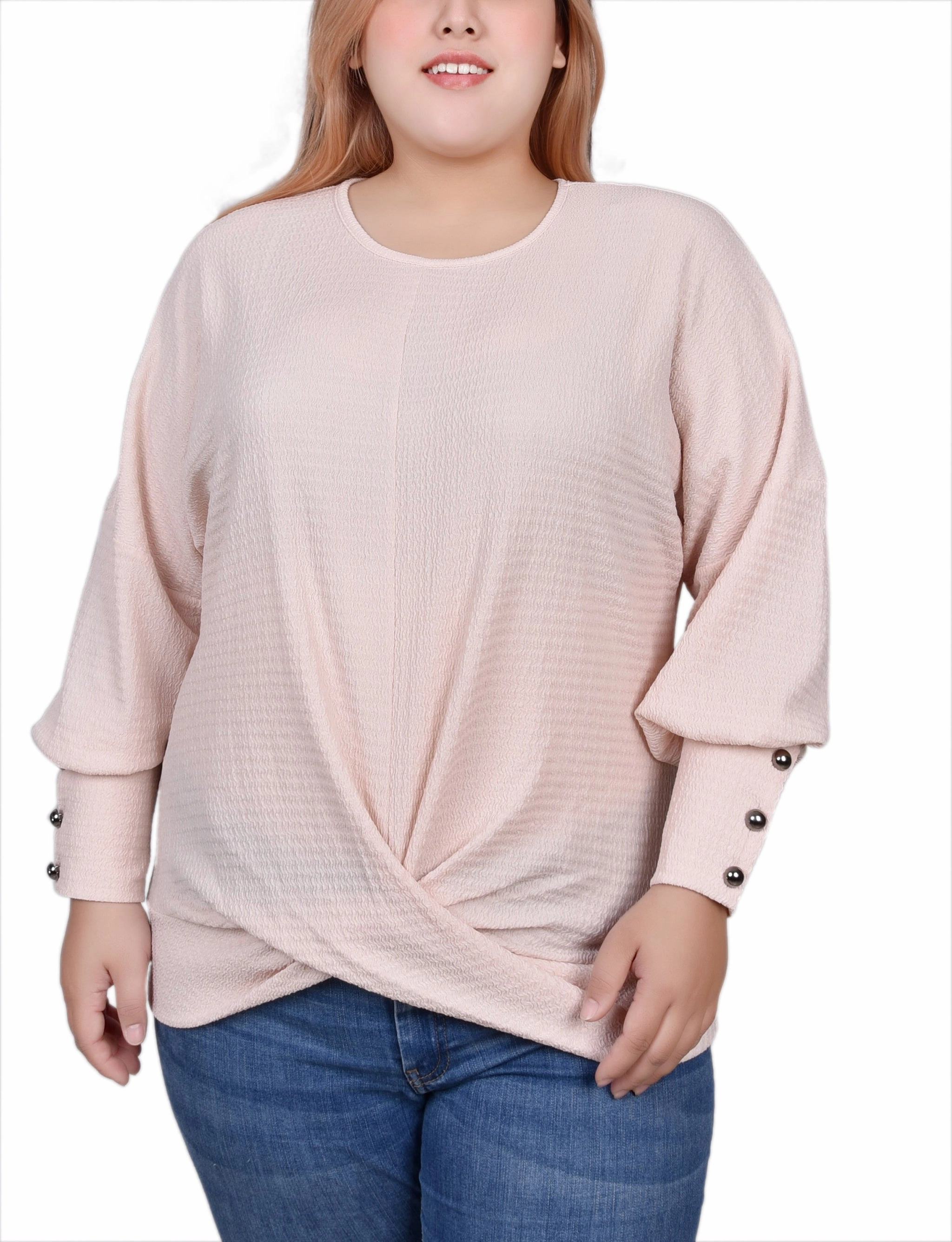Plus Size Long Sleeve Textured Knit Top Layered Ply Construction LowProfileZipperSystem