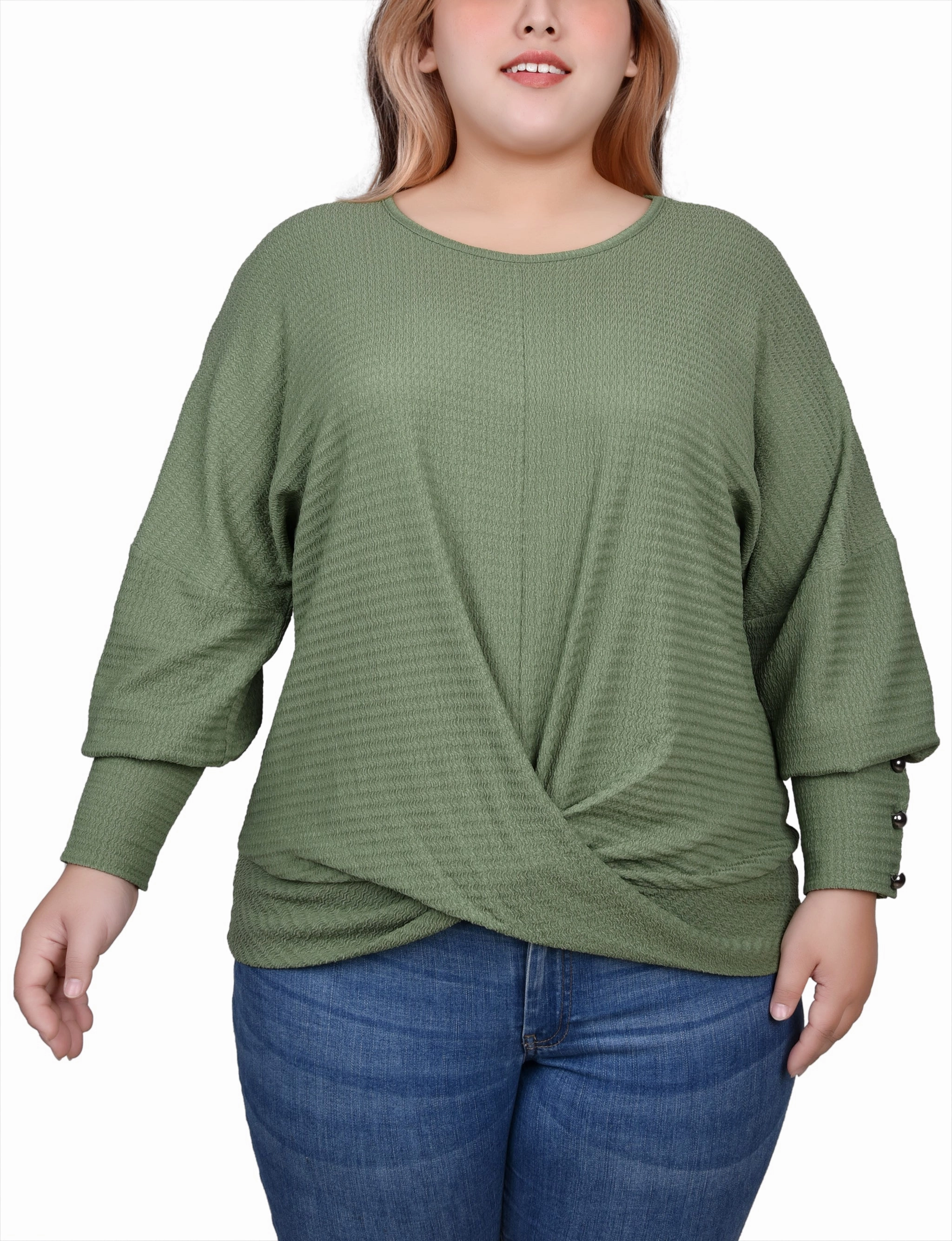 MeshPanel ComfortStretchFit Plus Size Long Sleeve Textured Knit Top