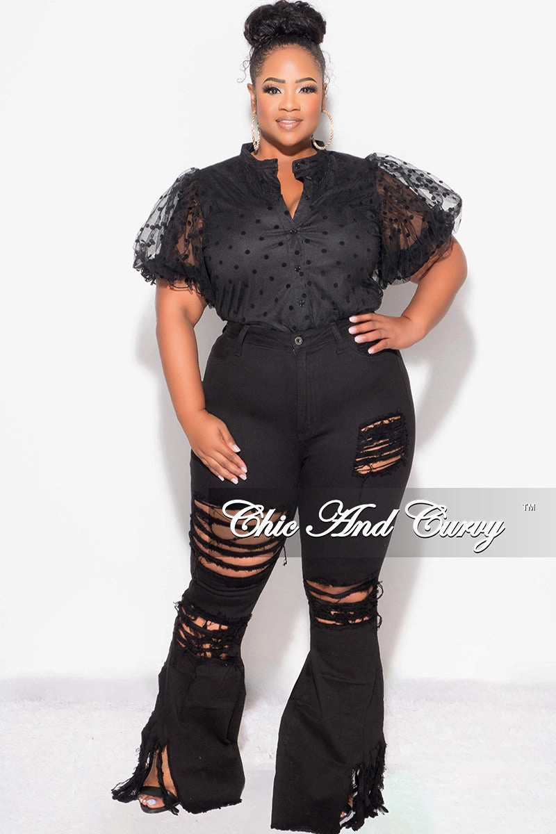 Breathable mesh lining Lined interior Final Sale Plus Size Sheer Collar Button Up Polka Dot Top in Black