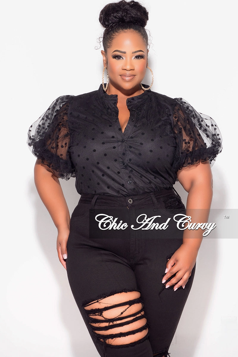 All Season Versatility Final Sale Plus Size Sheer Collar Button Up Polka Dot Top in Black