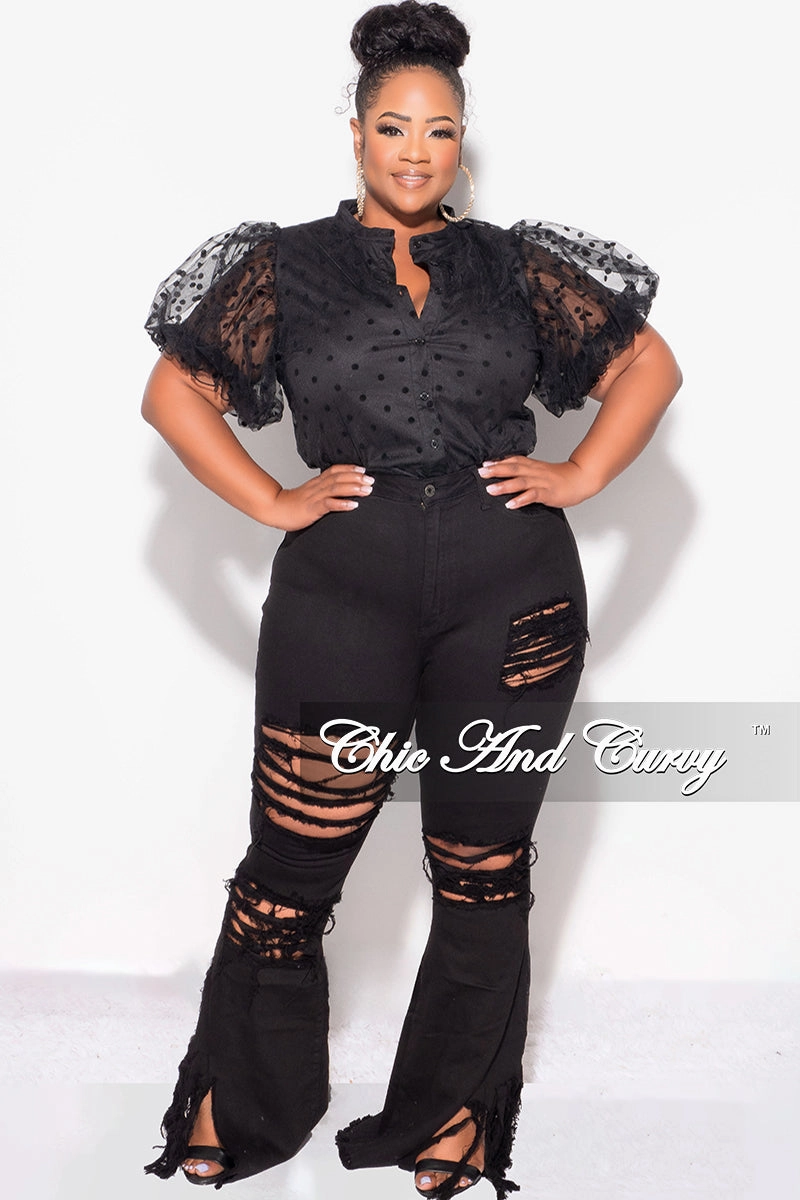 Final Sale Plus Size Sheer Collar Button Up Polka Dot Top in Black Easy Care Fabric Finish