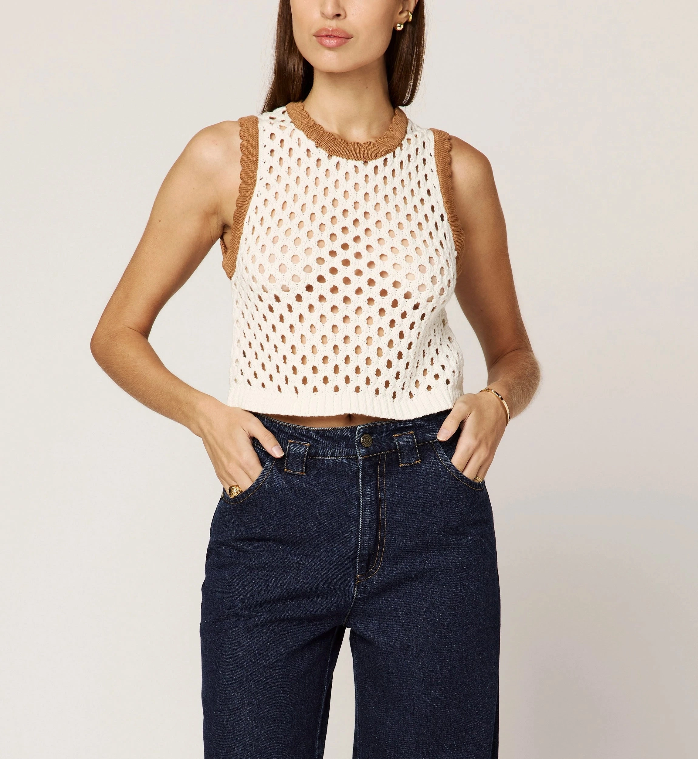 Brownwyn Sweater Top | Ivory/Brown Elastic Edge Binding