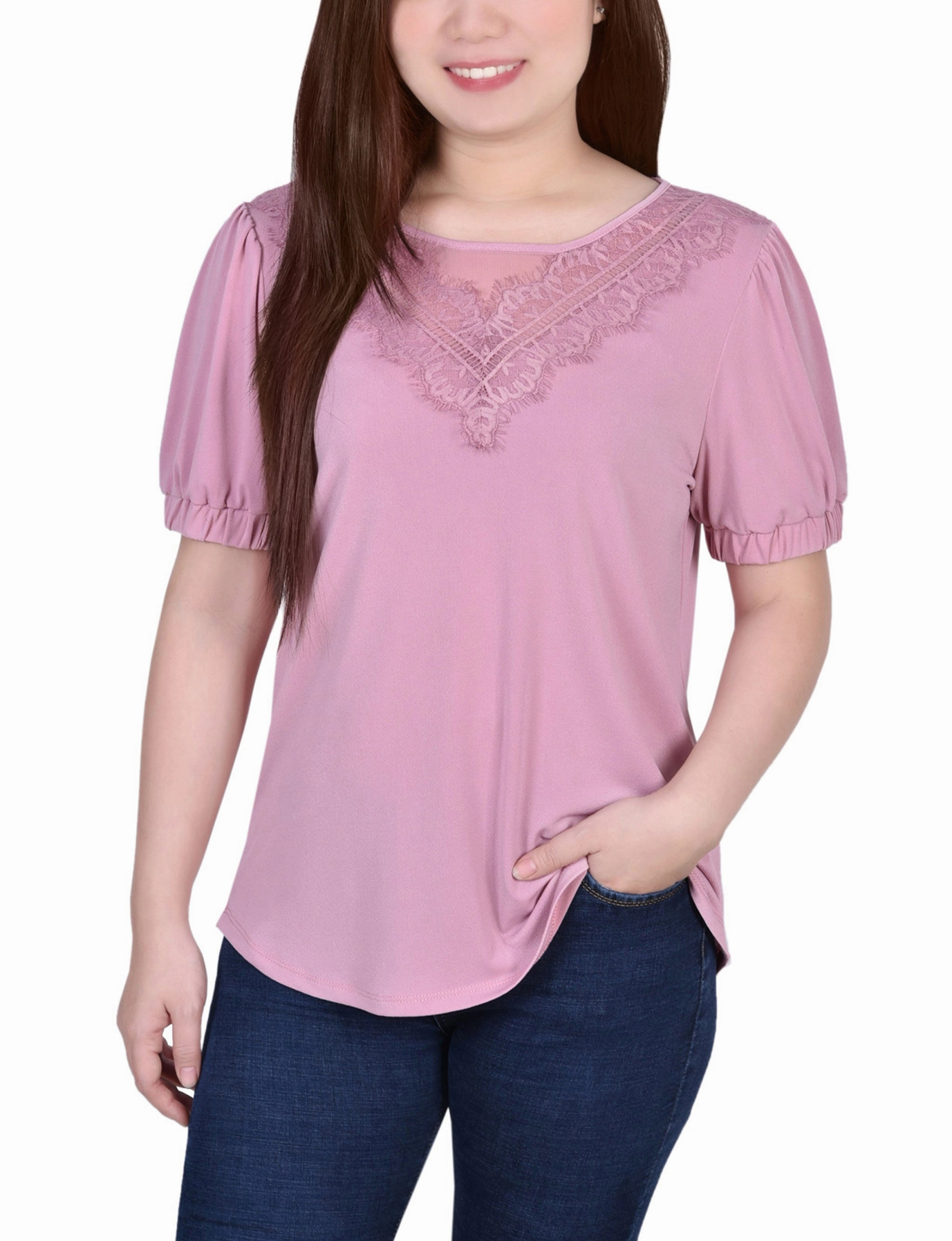BondedSeams HighElasticity Short Puff Sleeve Top With Lace