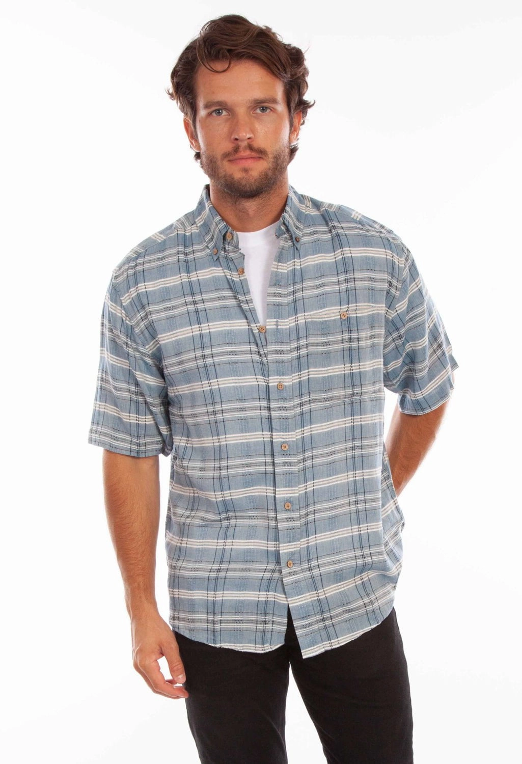 Scully Mens Worn Outs Plaid Blue 100% Cotton S/S Shirt Hypoallergenic Lining