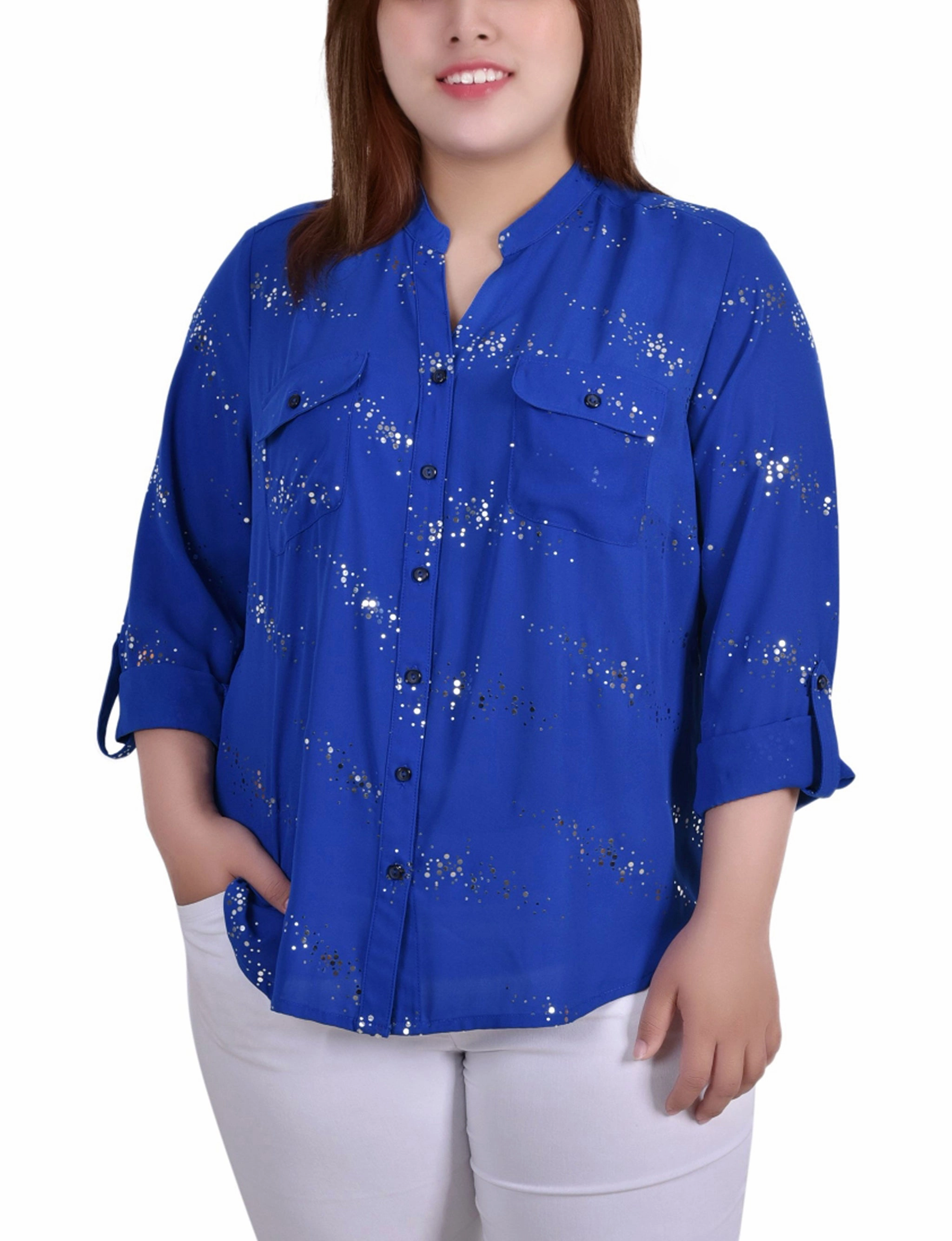 Unstructured Silhouette Wear Resistant Fabric Plus Size 3/4 Sleeve Roll Tab Blouse With Metallic Details