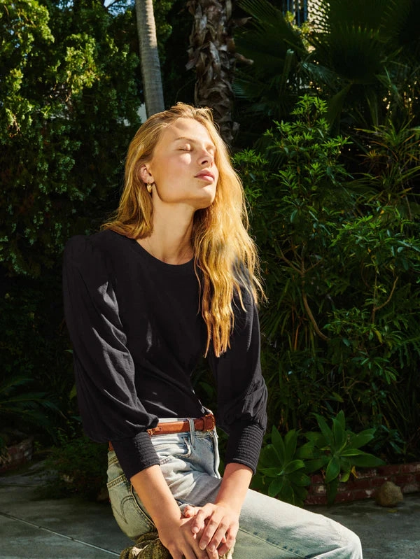 Versatile Layering Piece Layered Hem Reinforcement Nation LTD Loren Smocked Peasant Tee - Black