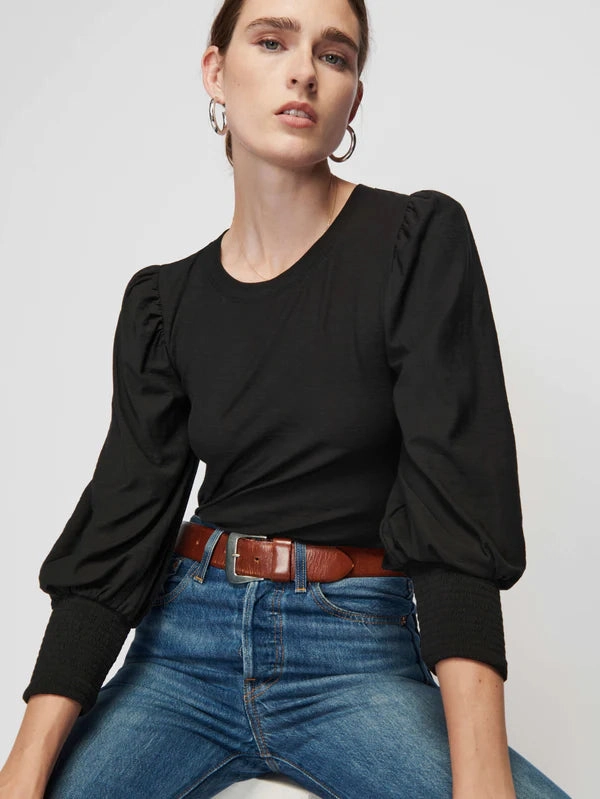 NoRoll Hem Technology Nation LTD Loren Smocked Peasant Tee - Black