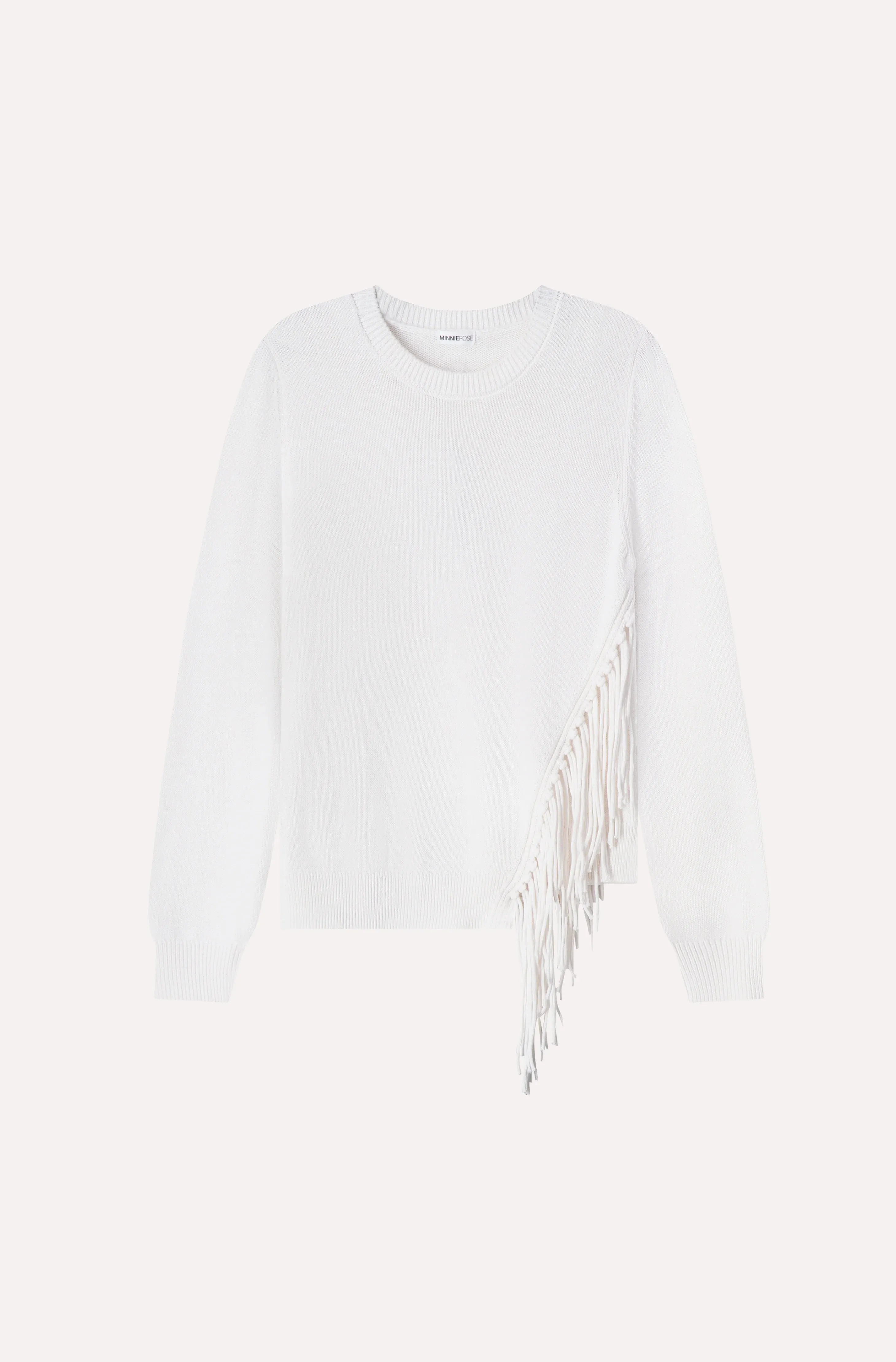 Minnie Rose Cotton Cashmere Fringe Trim Crew Neck Simple Classic
