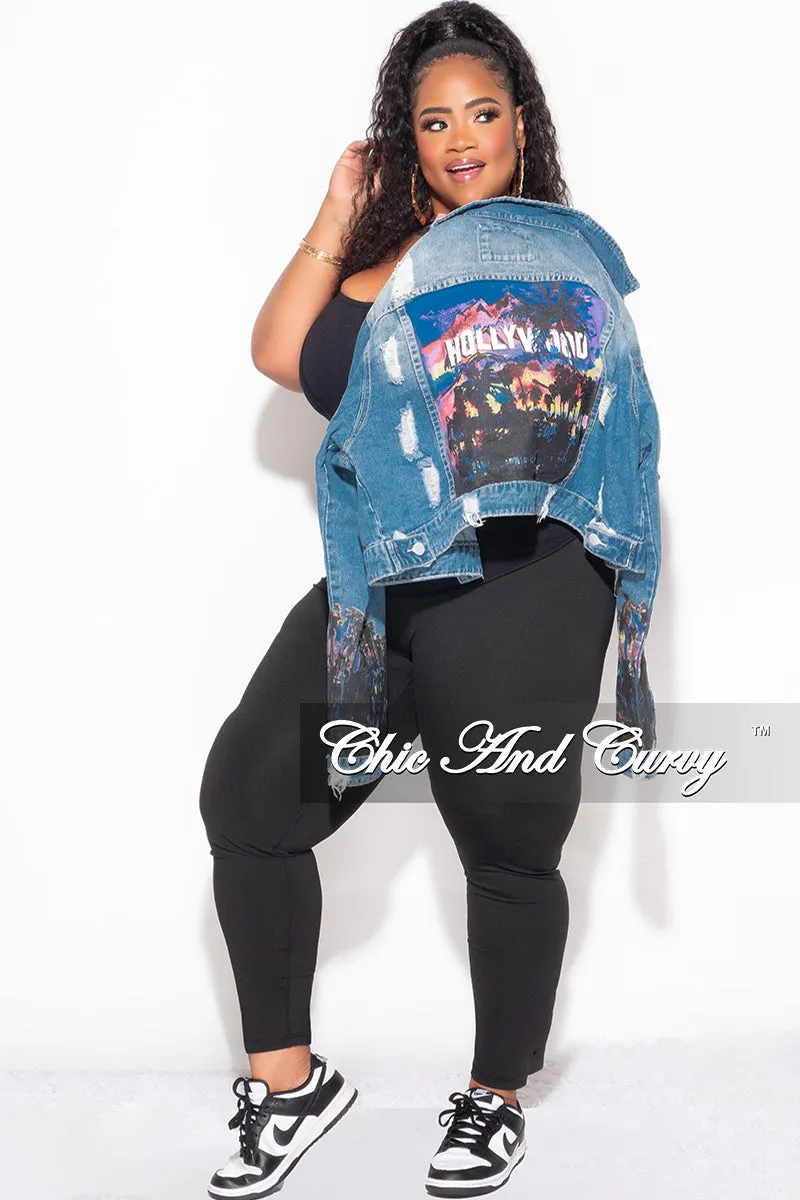 Casual Performance Fit Raw edge Final Sale Plus Size Denim Jacket with Hollywood Graphic Back