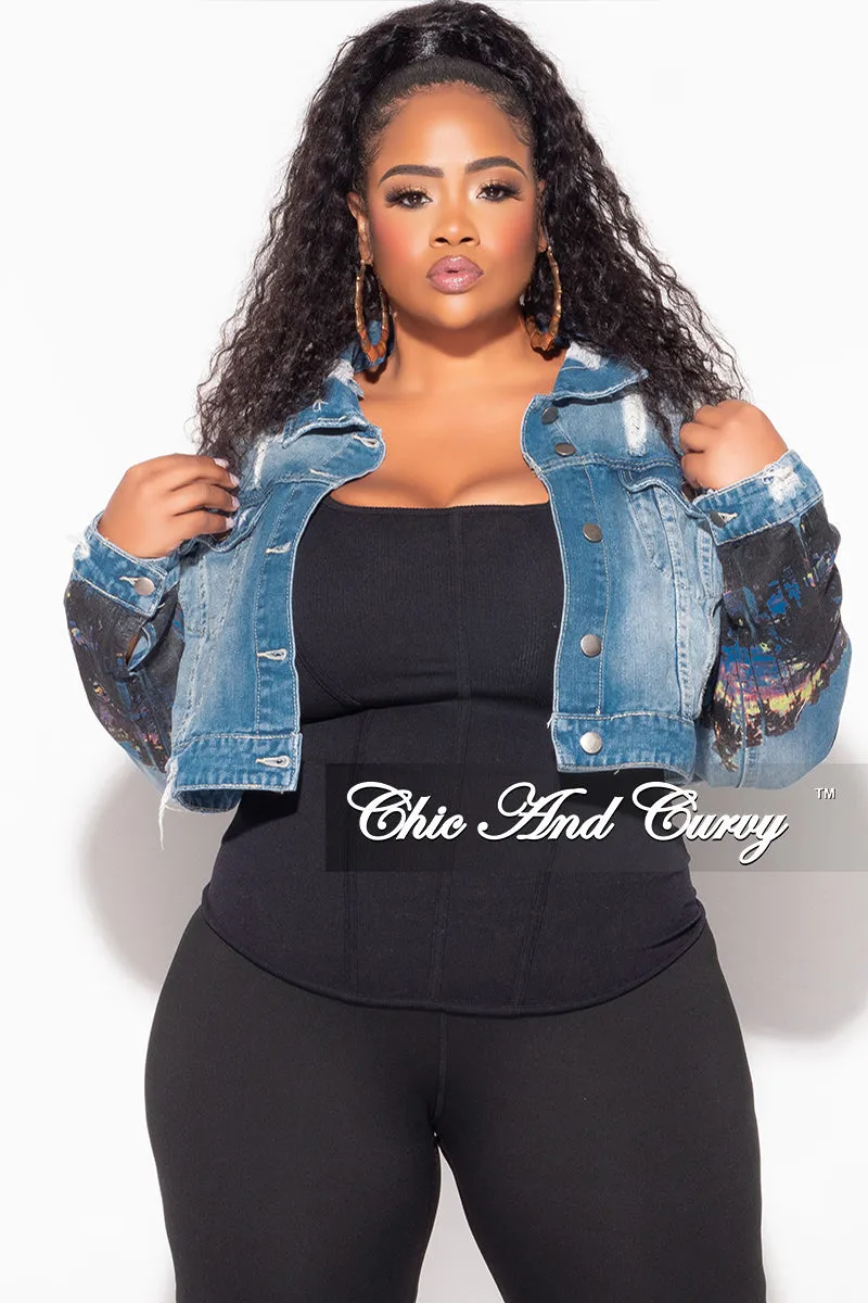 Final Sale Plus Size Denim Jacket with Hollywood Graphic Back Dynamic Flex Panels