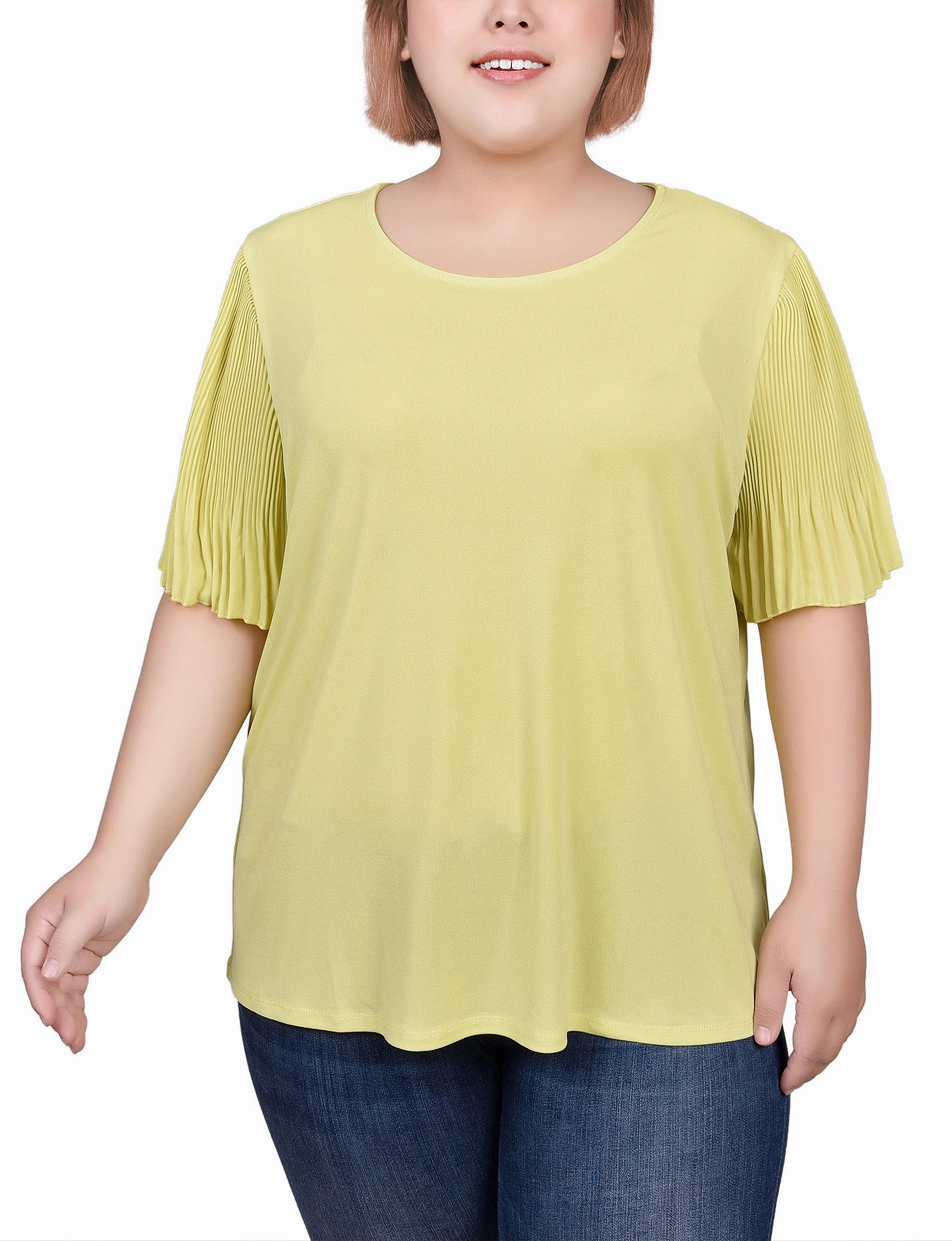 Biodegradable Fiber LoopwheelFabric Plus Size Pleated-Sleeve Top
