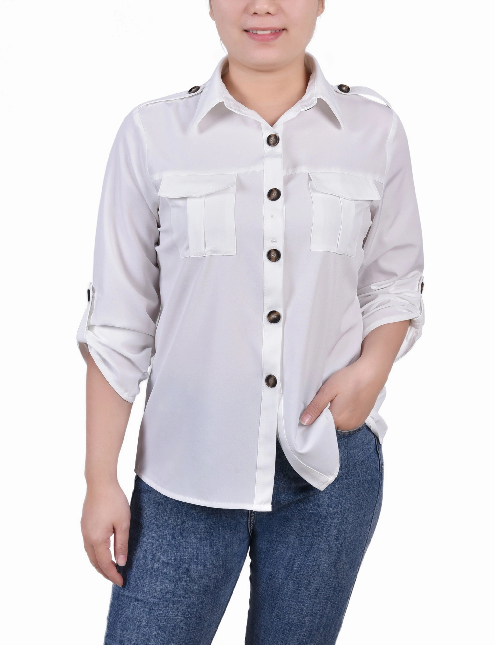 3/4 Sleeve Roll Tab Blouse Cold Weather Quick Release Fasteners