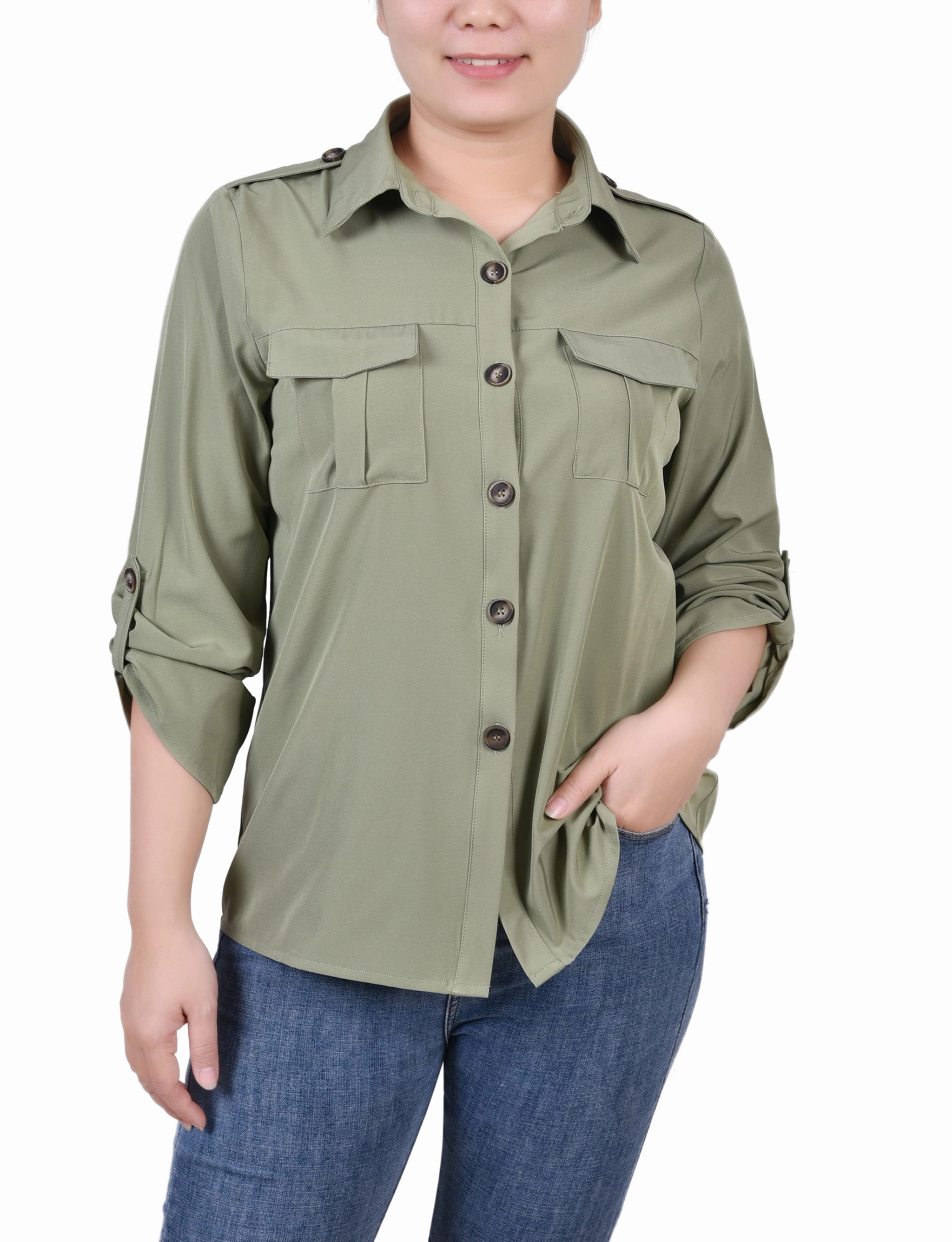 Microfiber Technology 3/4 Sleeve Roll Tab Blouse