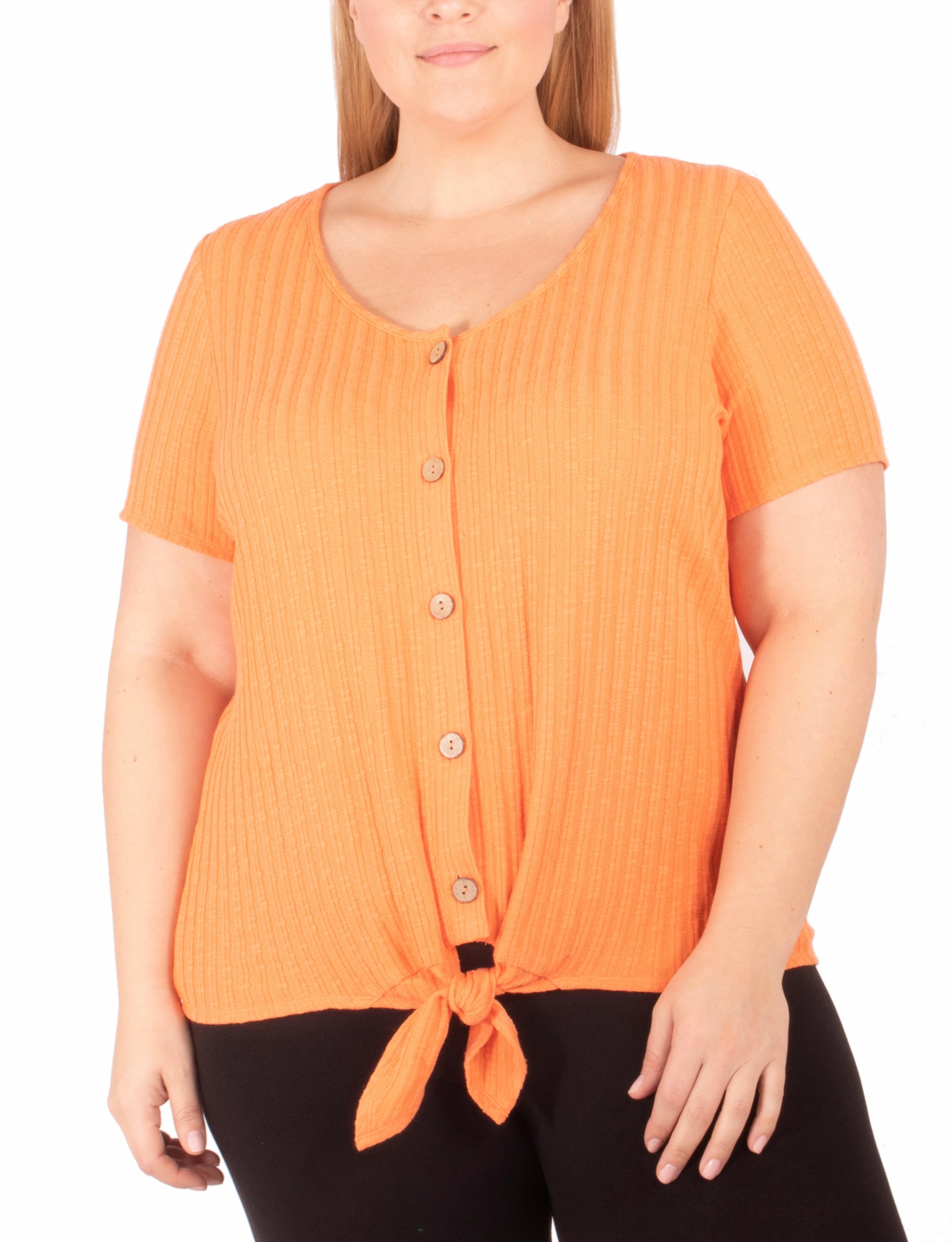 Plus Size Short Sleeve Button Front Top With Tie At Hem Breathable Construction BrushedInnerLining