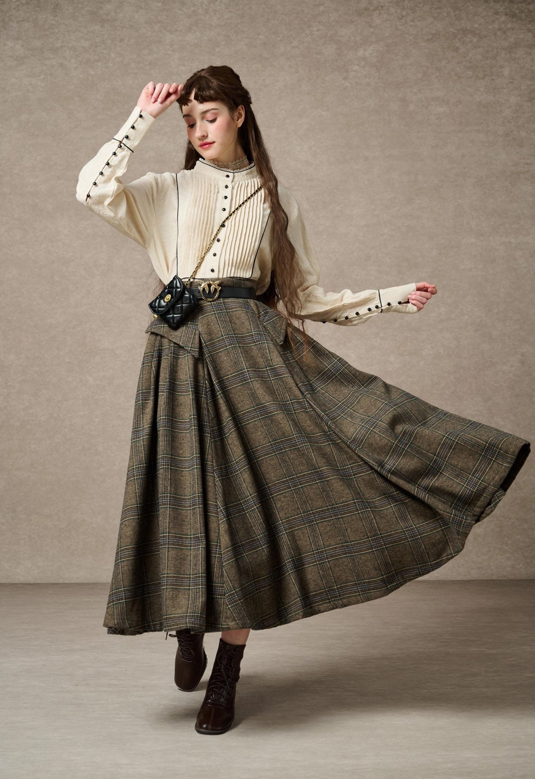 Home Casual Brushed Inner Lining Darcy 23 | Retro Plaid wool skirt