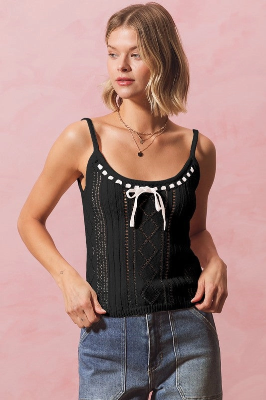 Lily Ribbon Tie Front Fitted Sweater Knit Tank Top Airflow Ventilation Zones