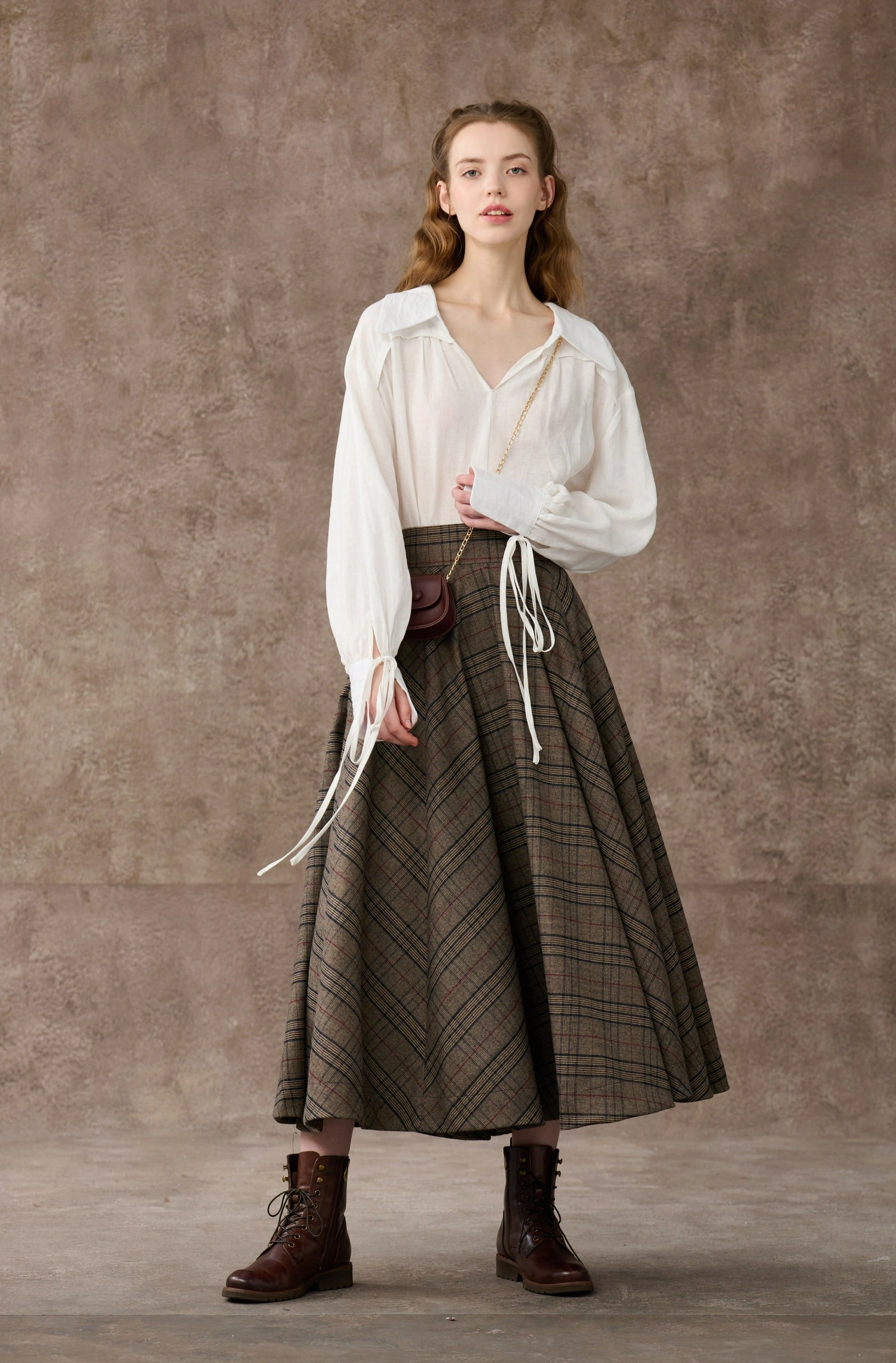 the Great Perhaps 2 | Tartan Wool Skirt in brown WrinkleResistant Finish Unisex Appeal