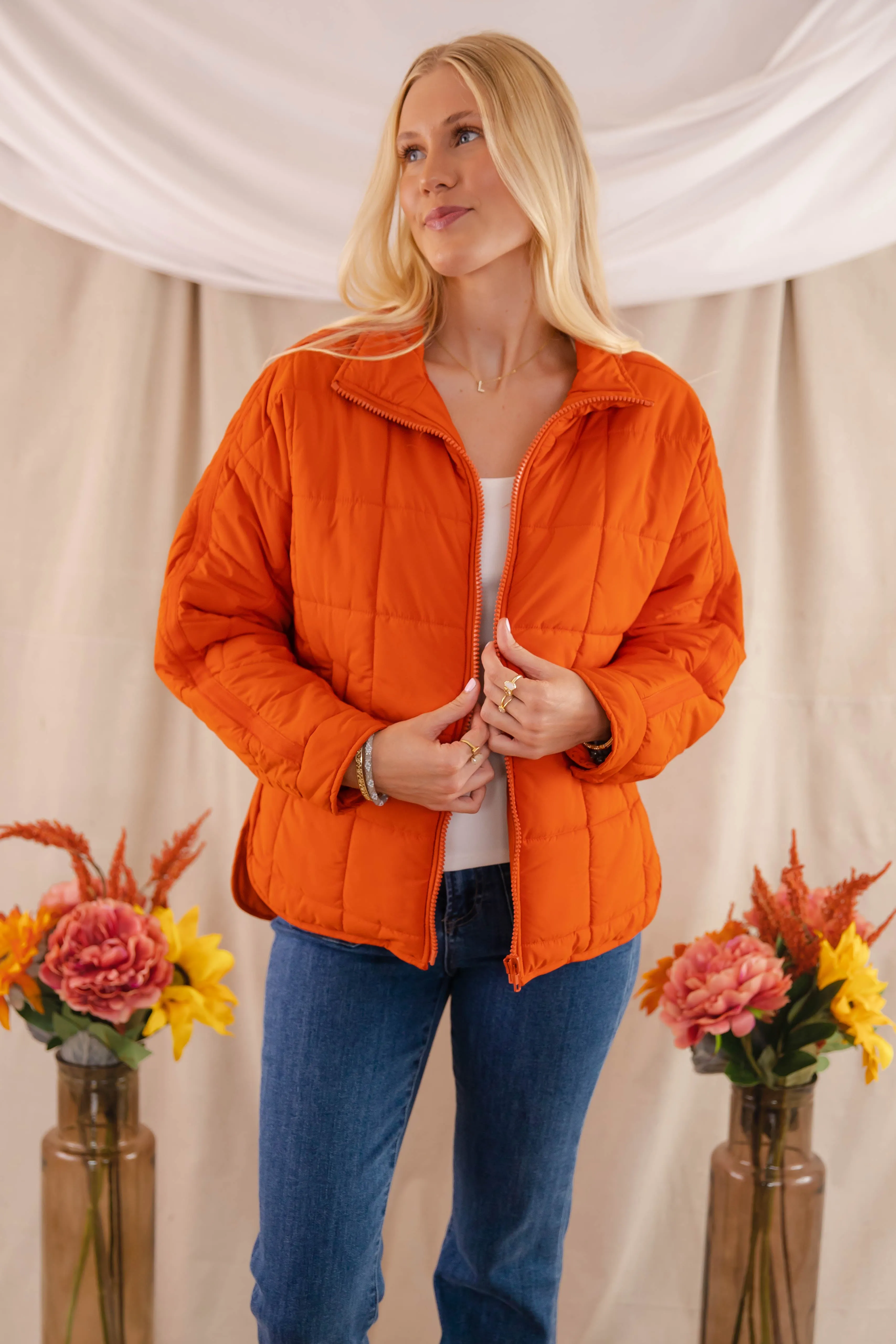 Don't Hesitate Puffer Jacket-Rust Hybrid Fabric Blend Low Profile Waistband Integration