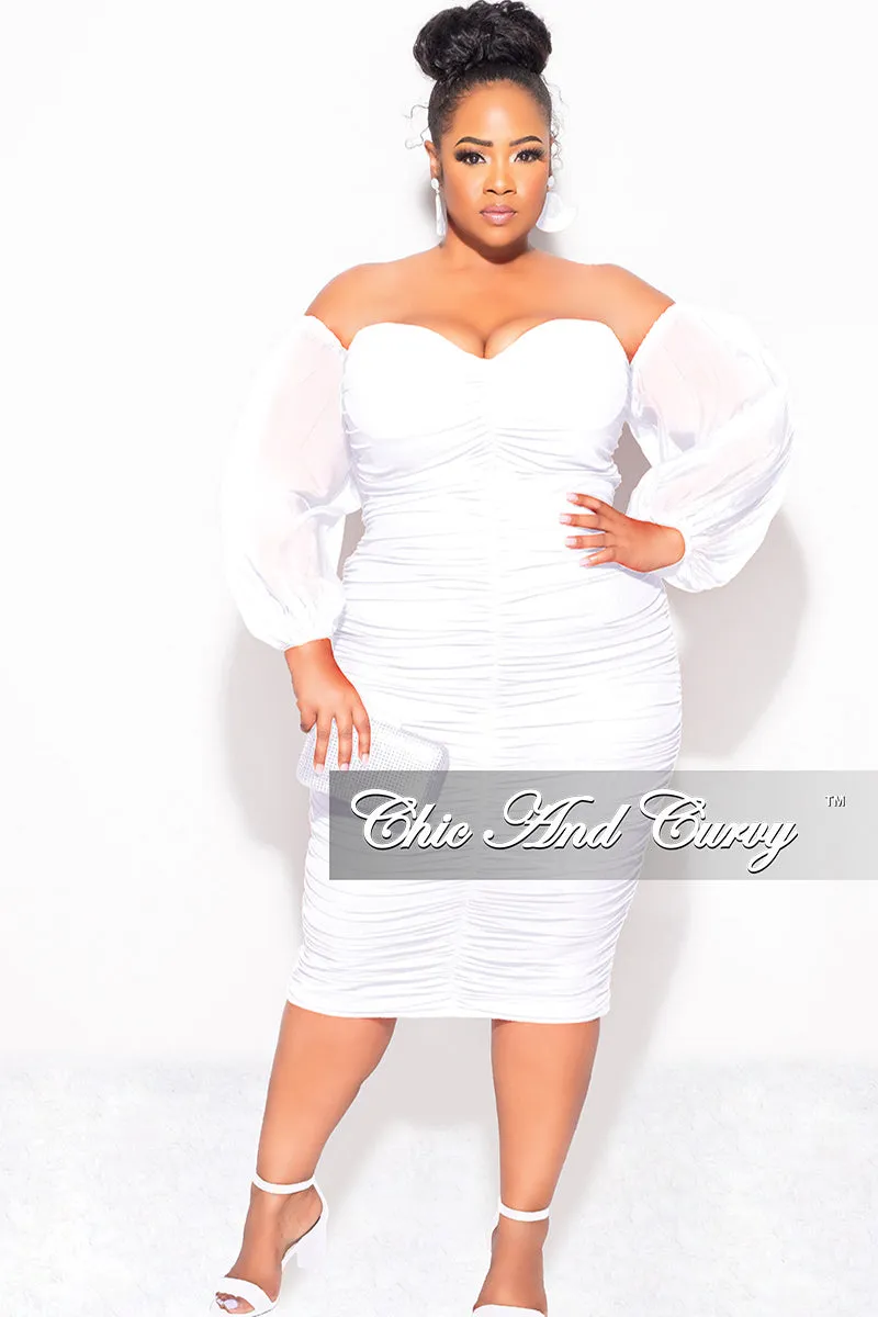 Sporty Stretch Fit Final Sale Plus Size Mesh Shirring Tube Midi Dress with Mesh Sleeves in White